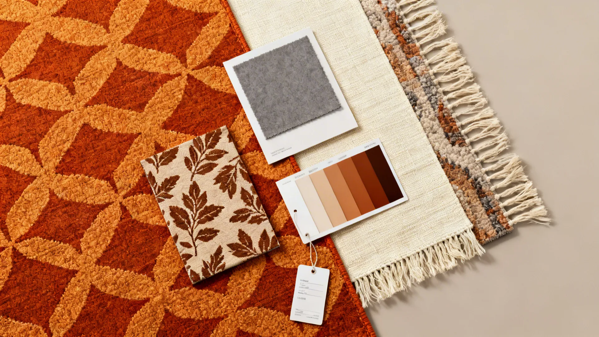Orange geometric rug with leaf pattern fabric grey fabric sample and warm brown color shade