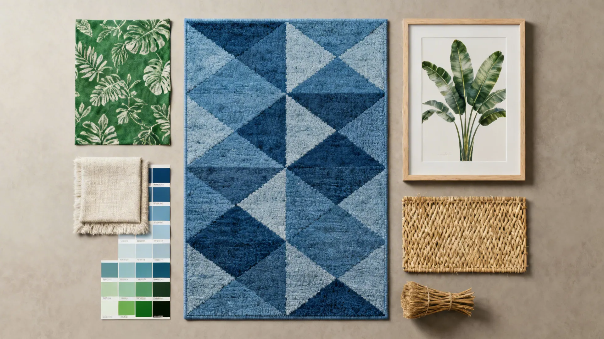 Top-down flatlay of geometric blue rug sample, botanical green fabric and texture swatches