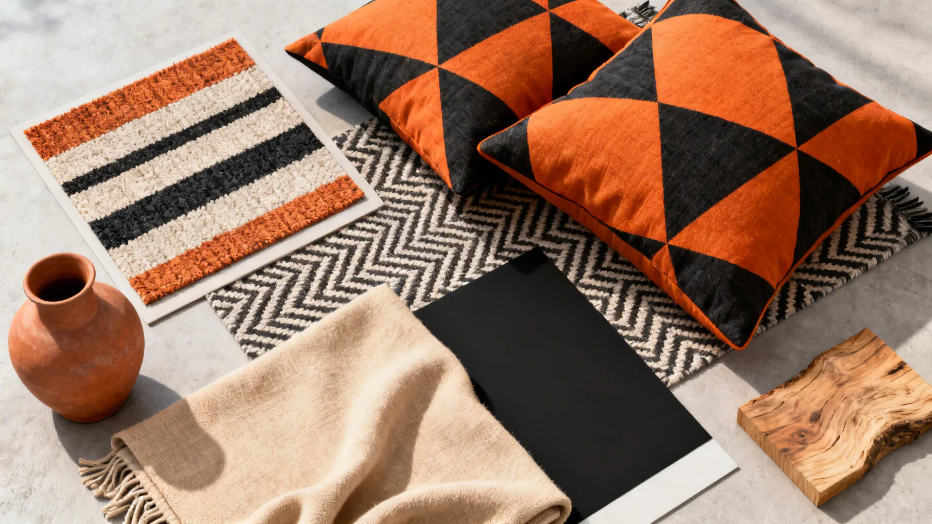 Flatlay of orange-and-black patterned cushions, striped rug swatch and fabric samples.