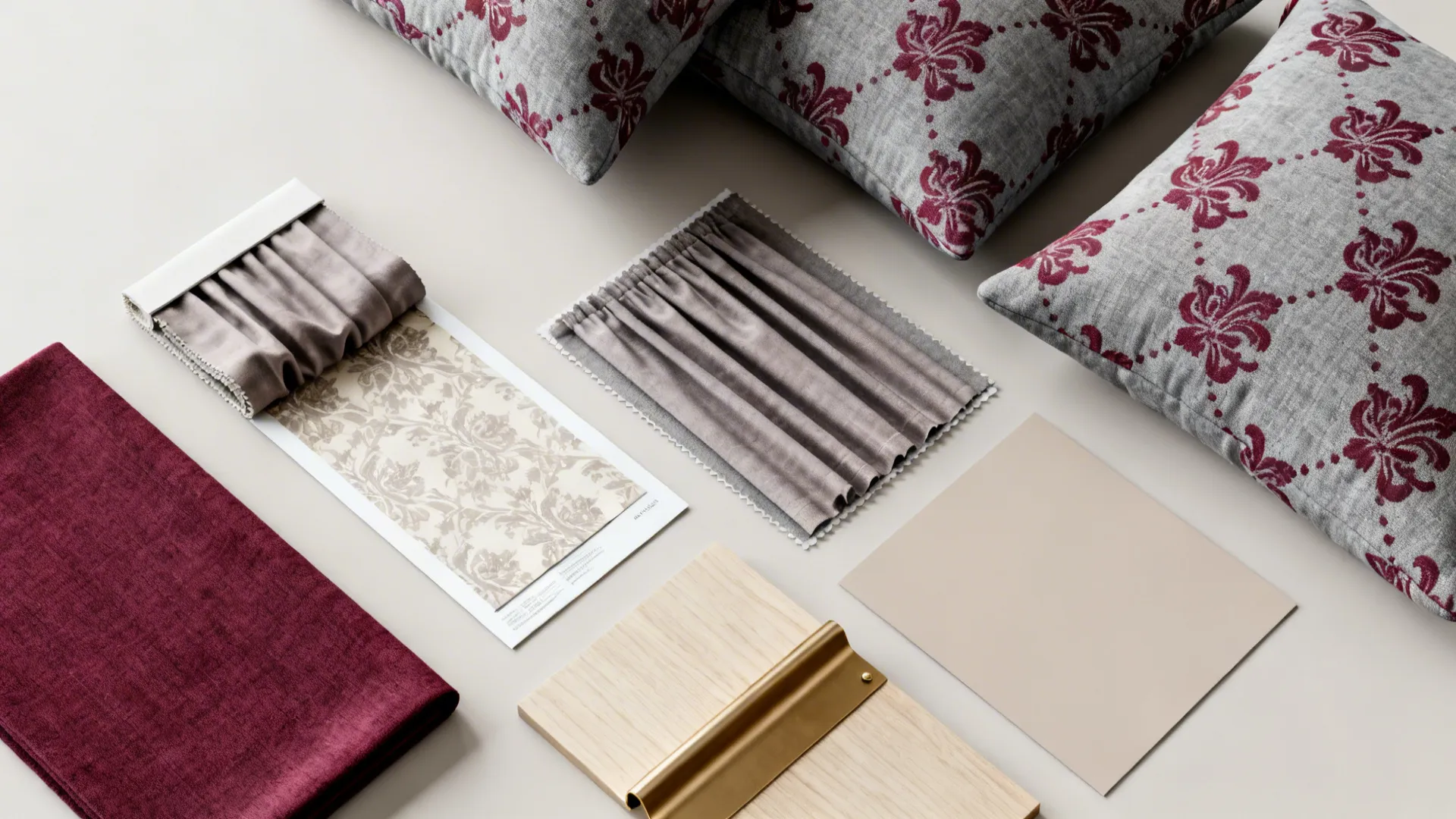 Top-down flatlay of gray printed fabrics with burgundy highlights and material samples.