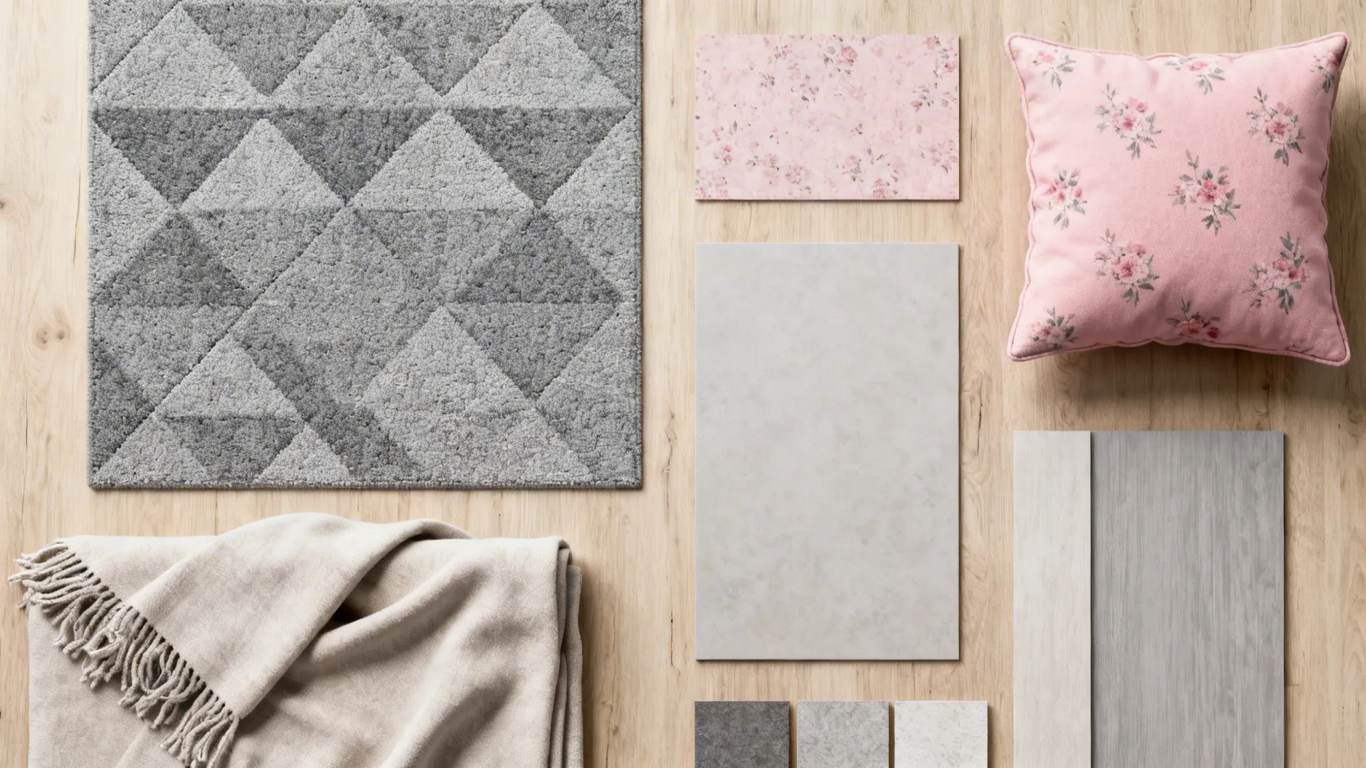 Top-down flatlay of a geometric gray rug sample with a subtle pink floral cushion swatch and neutral textiles.