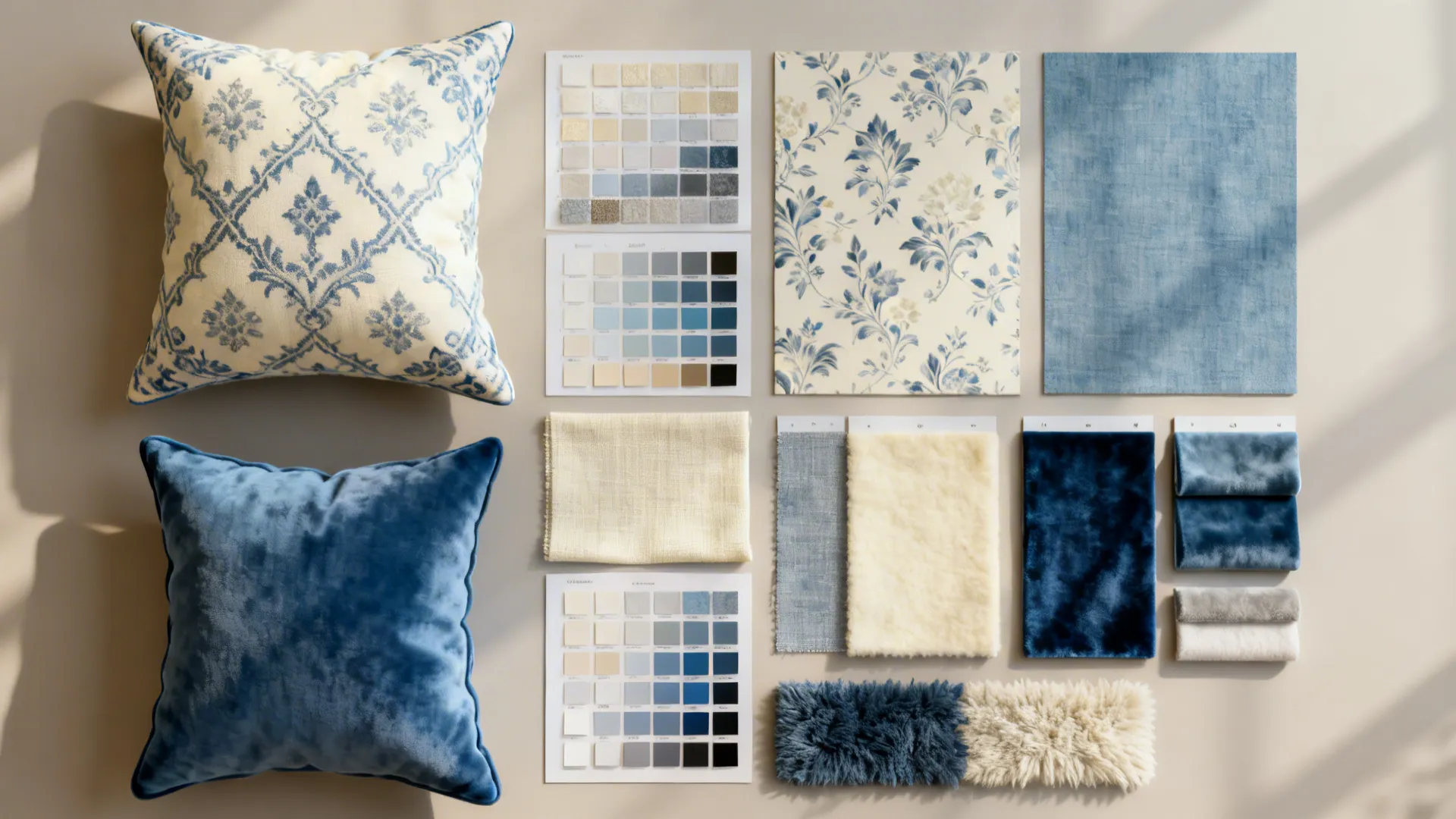 Flatlay of blue and cream patterned pillows and textile swatches