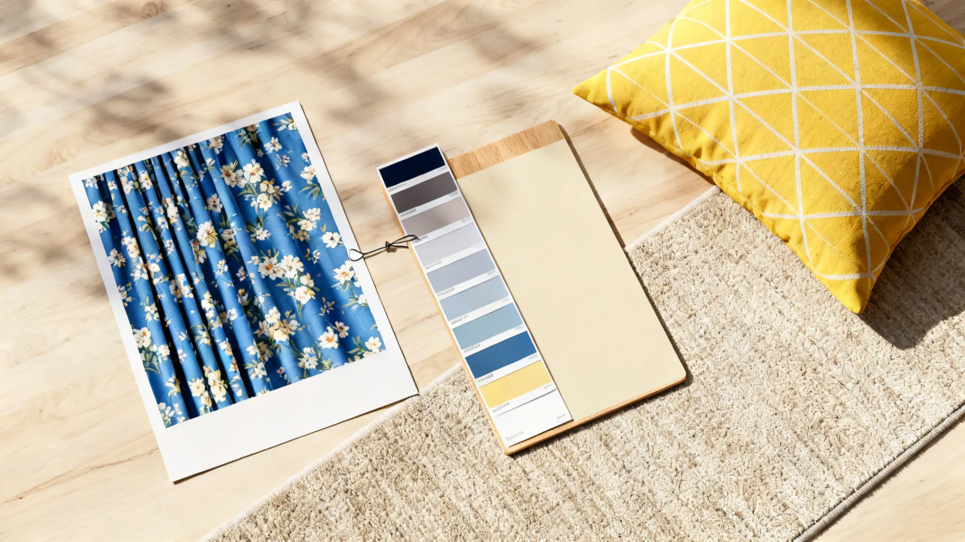 Top-down flatlay of blue floral and yellow geometric fabric swatches with neutral rug sample