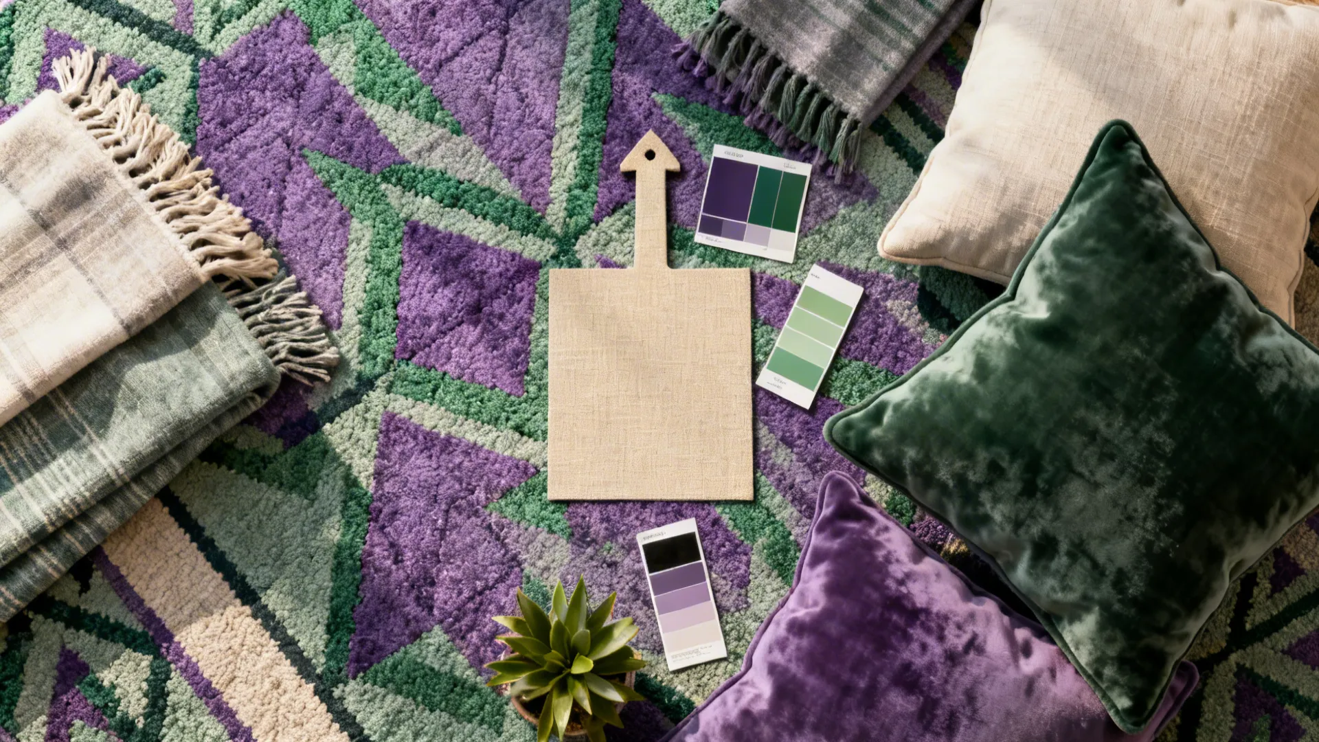 Flatlay of geometric rug swatches and mixed throws in purple and green with neutral anchors