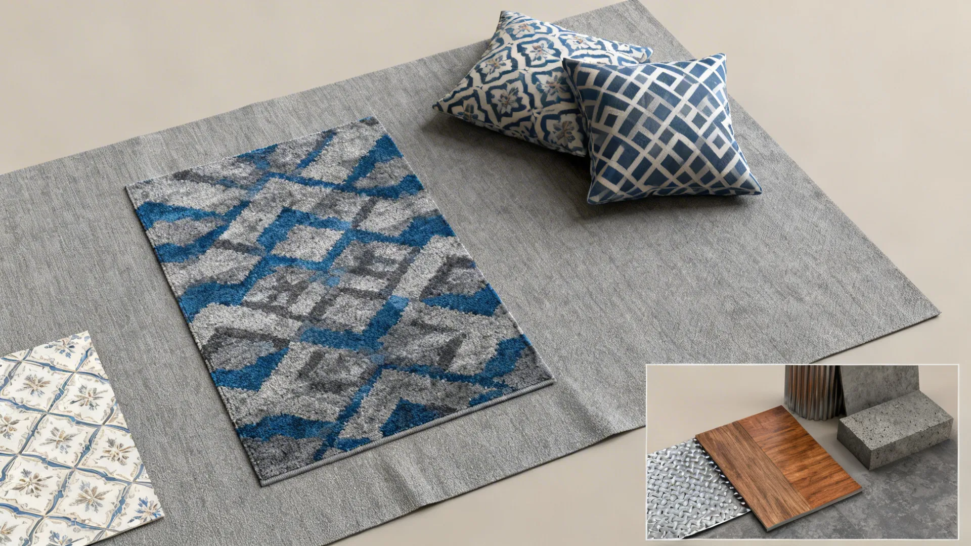 Interior design material samples including grey rugs blue patterned pillows and wood floor texture boards