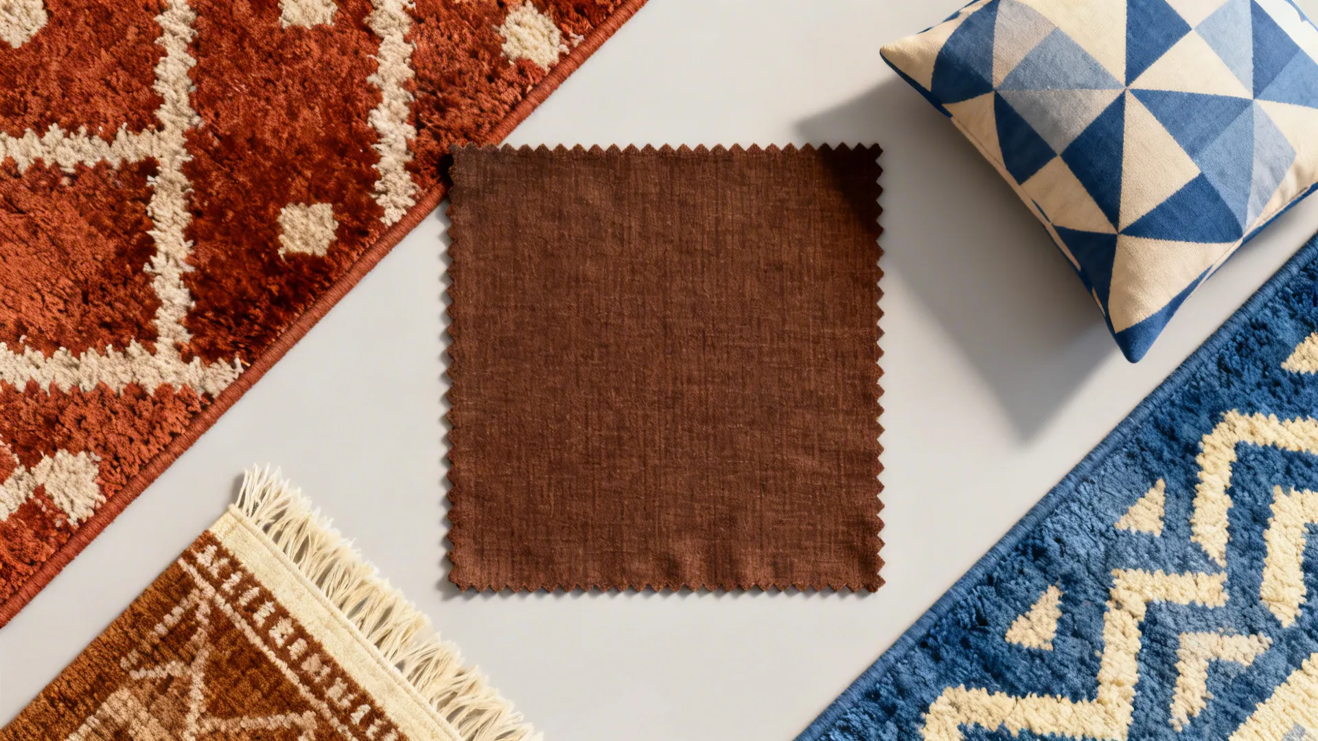 Top-down flatlay of patterned rug and cushion samples paired with a chocolate brown fabric swatch