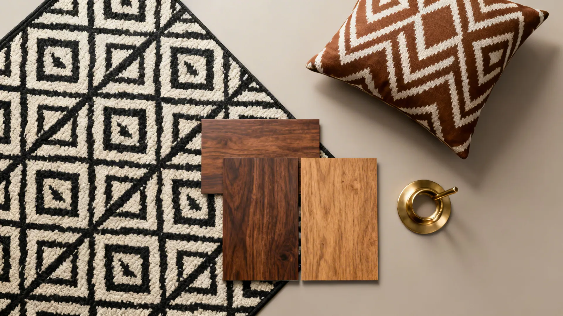 Flatlay of geometric black-and-ivory rug, brown ikat cushion, patterned pillows and wood samples.