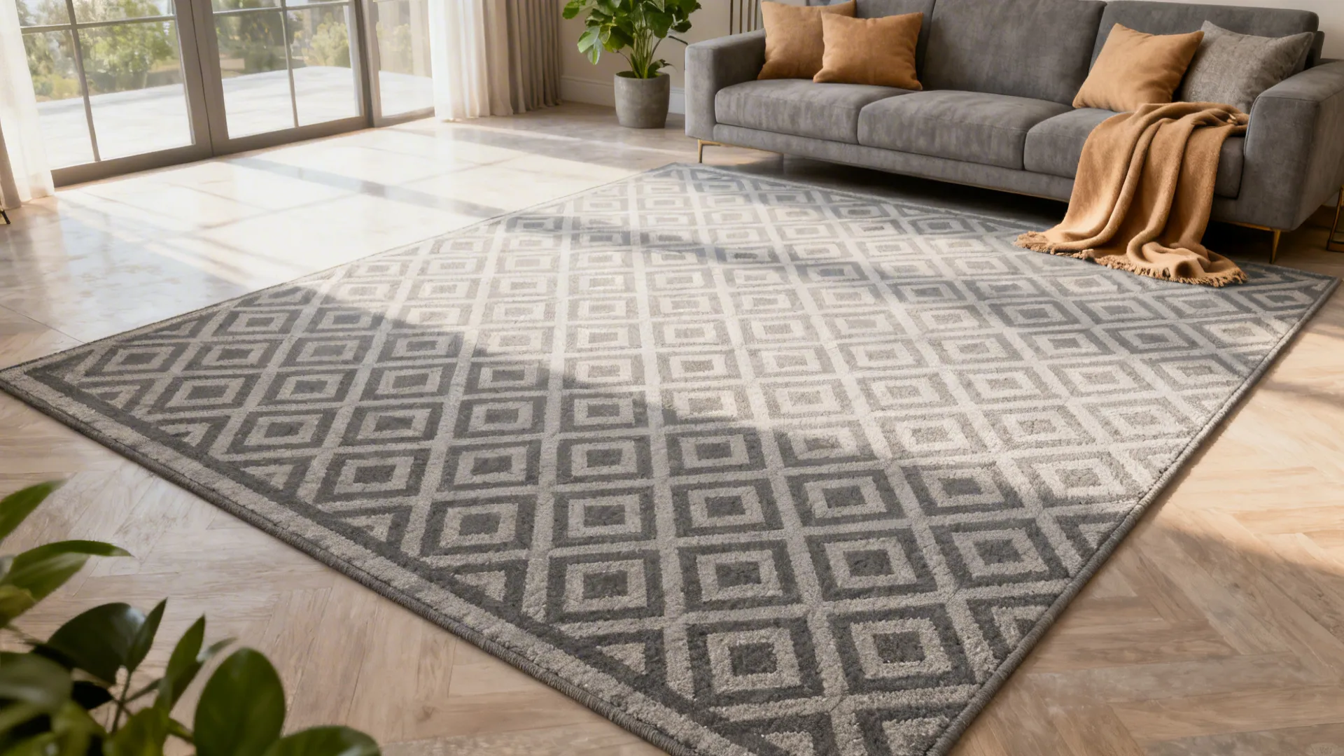 5. Pattern play: geometric grays with soft tan textiles