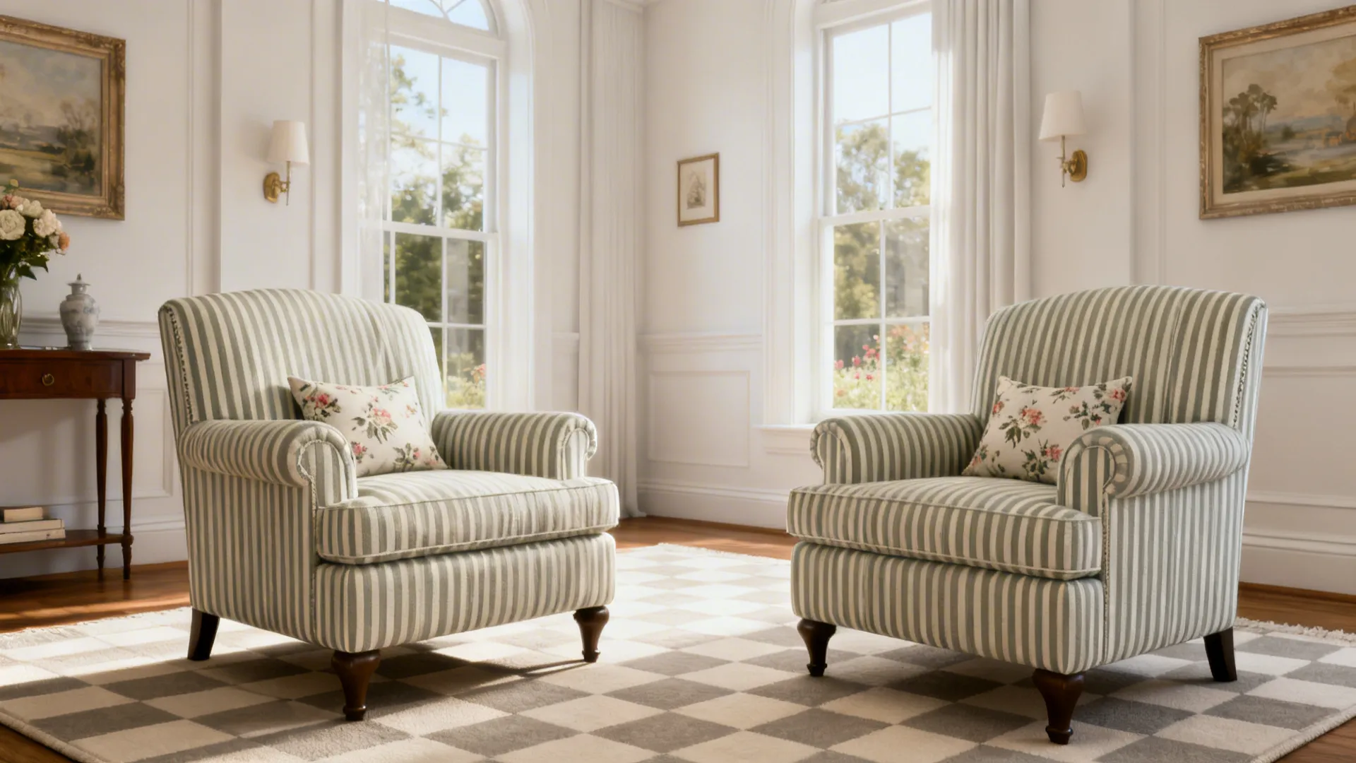 Classic living room with striped chairs, small floral pillows, and a checkerboard rug in soft light.
