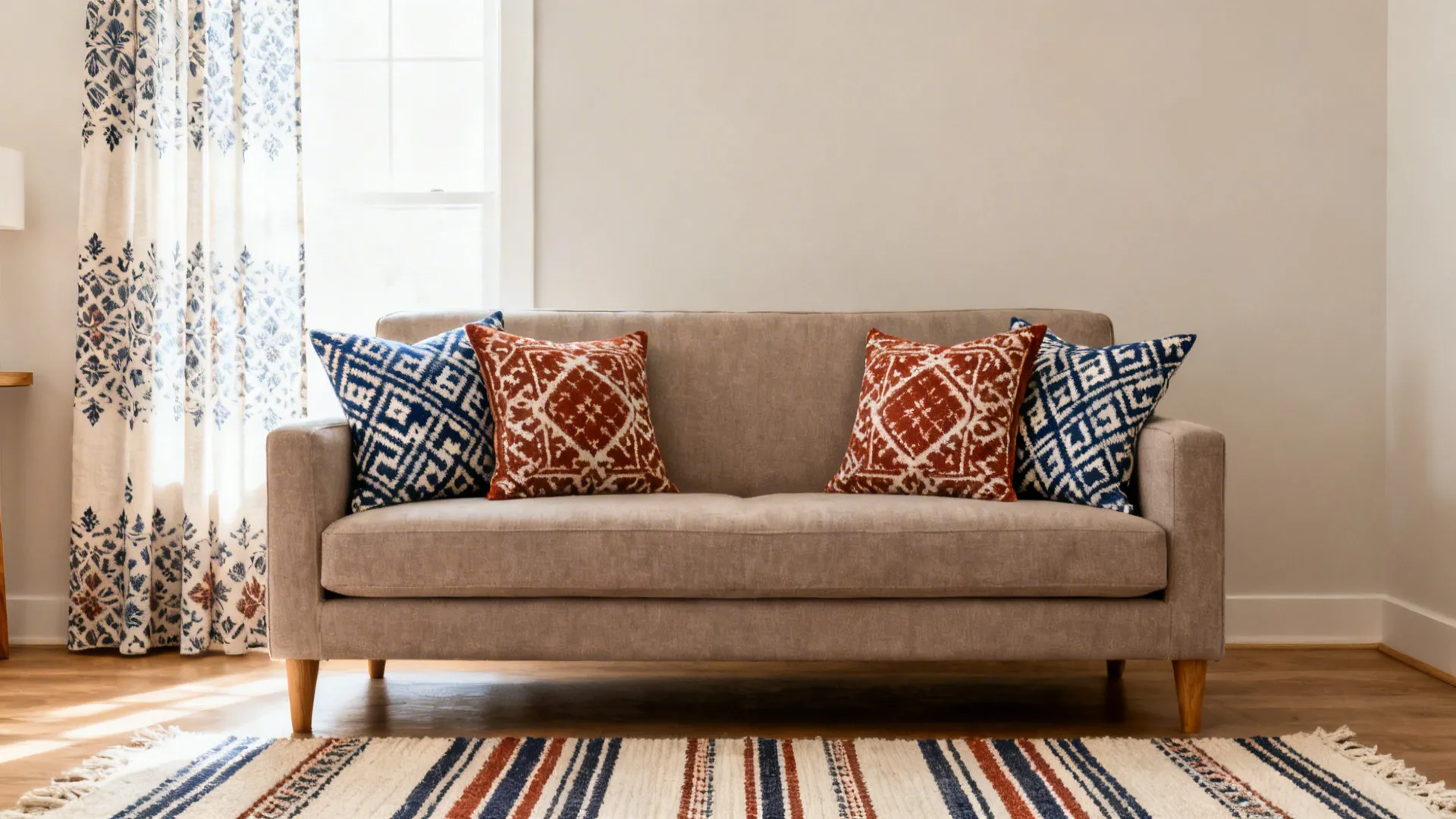Taupe sofa with indigo ikat and rust block-print cushions, striped dhurrie, and block-printed curtains