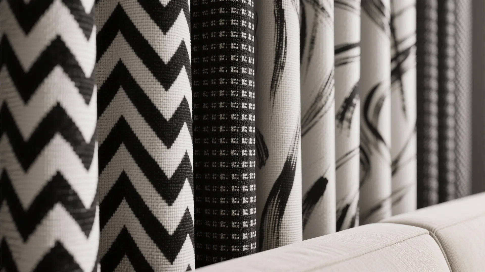 Macro view of black-and-white curtain patterns: chevron, small repeat, and organic brushstroke linen