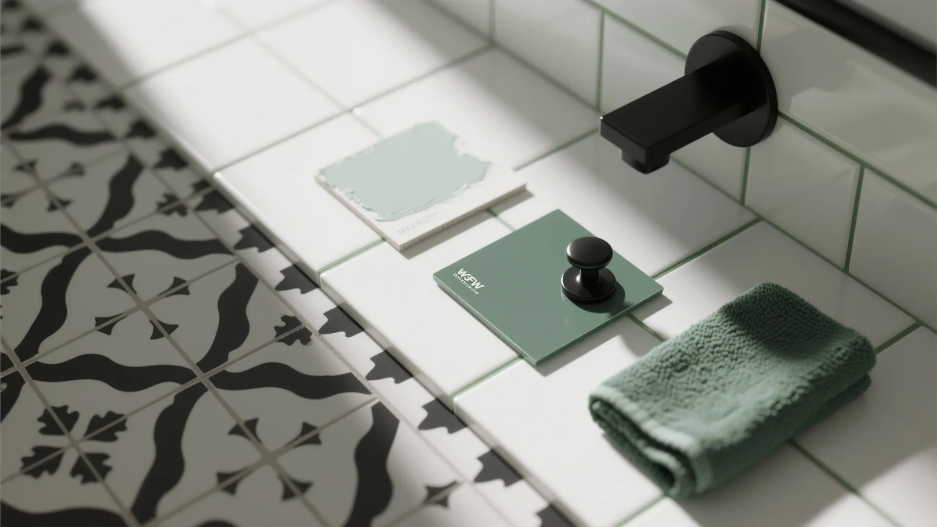5. Pattern play: green grout or black-and-white patterned tiles
