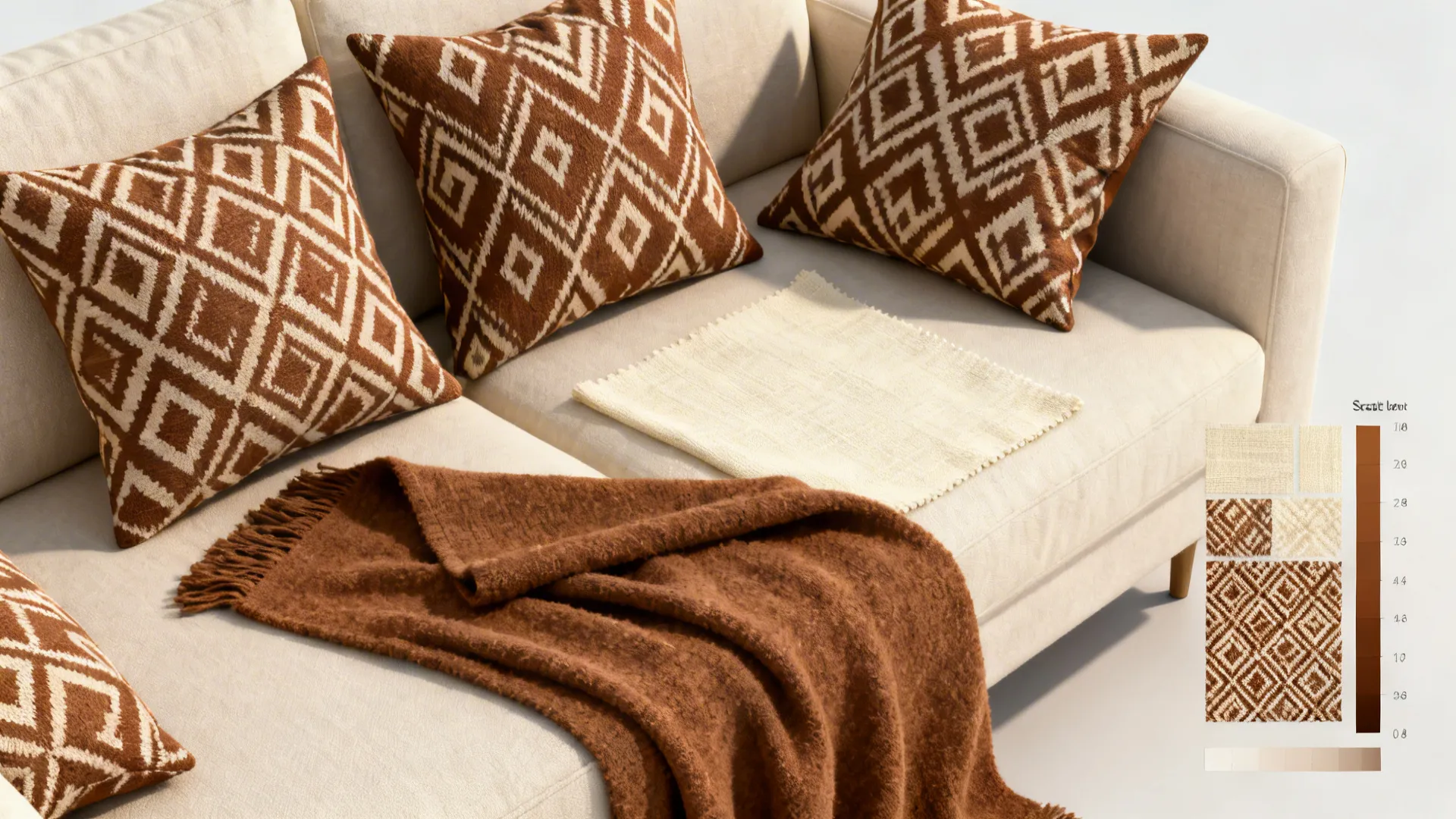 Flatlay of brown geometric throw pillows and cream fabric swatch illustrating pattern scale.