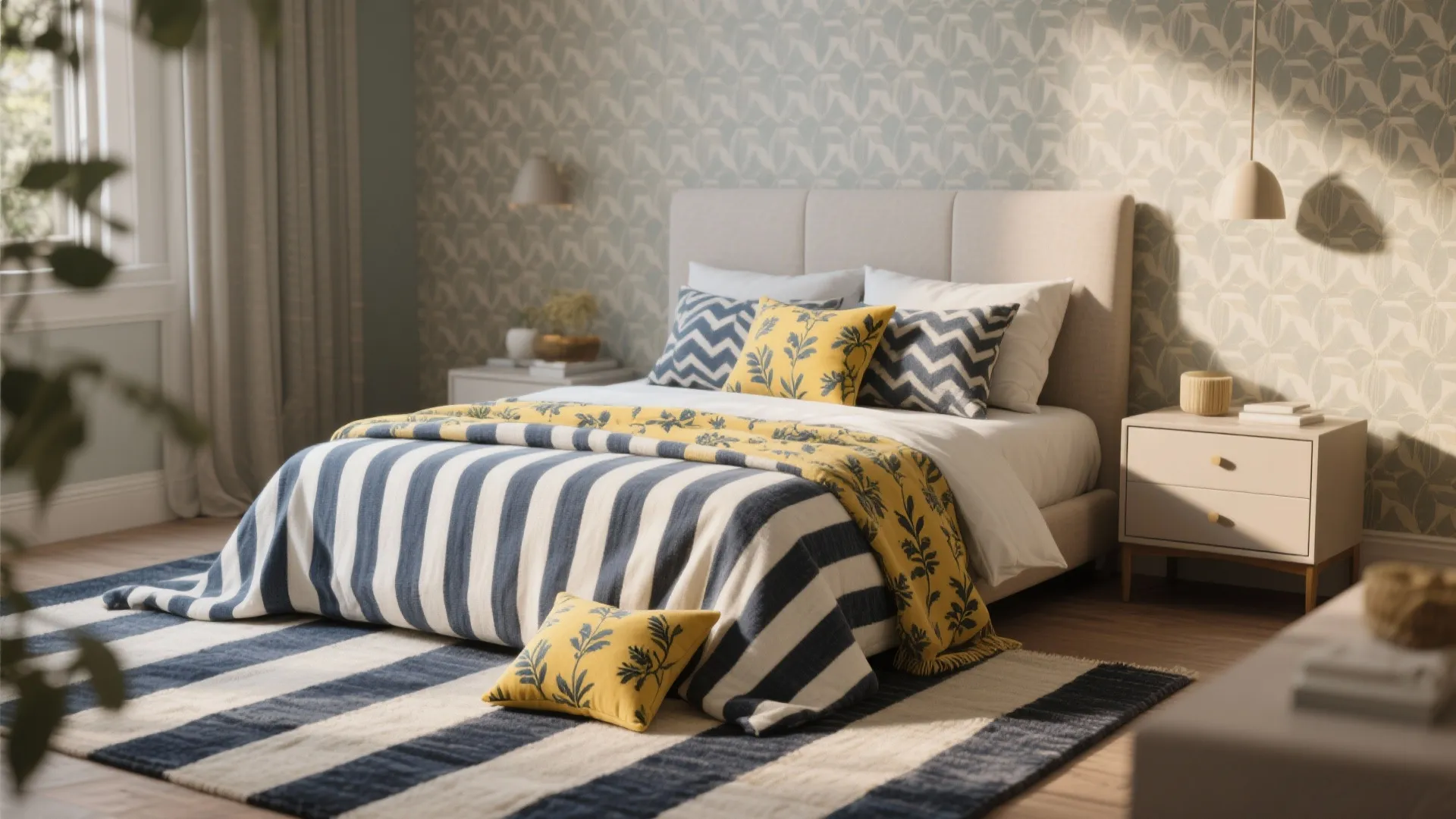 4. Pattern Play: Stripes, Botanicals, and Accent Rugs