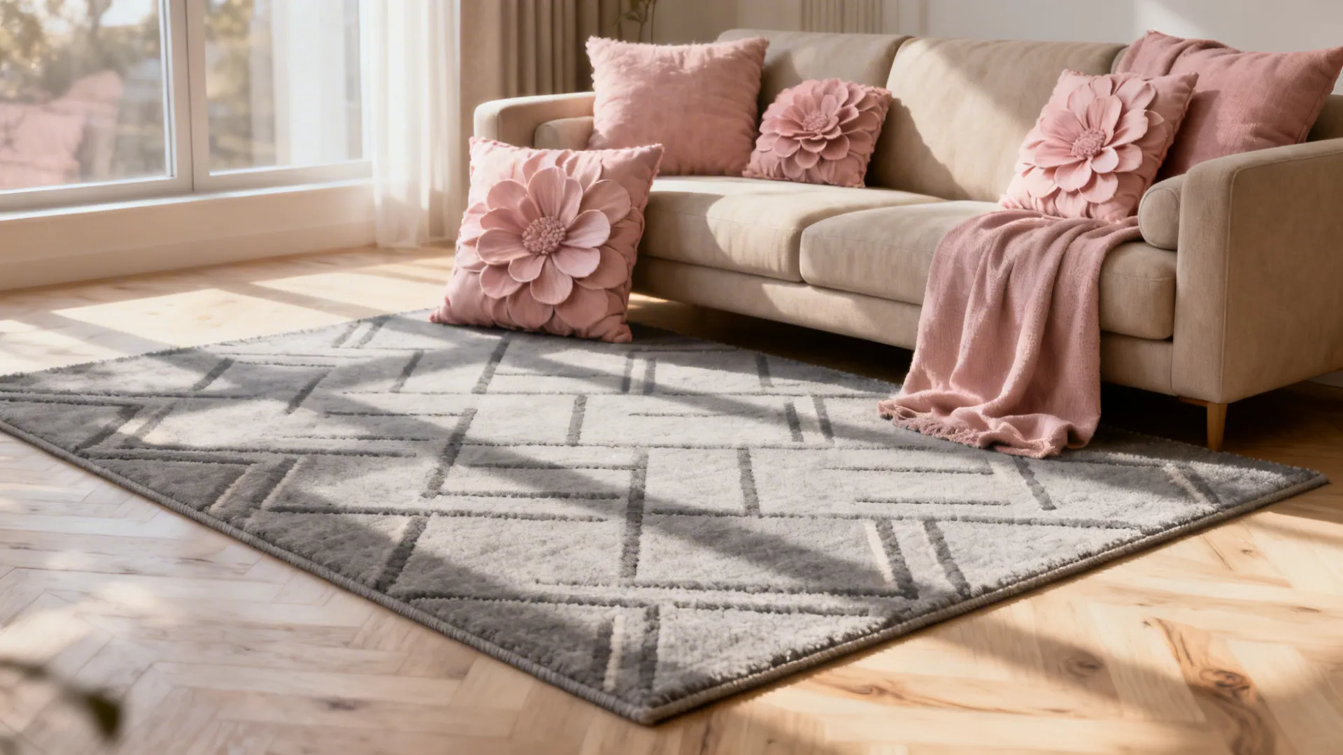 Geometric grey rug paired with floral pink cushions on a neutral sofa in a small living room