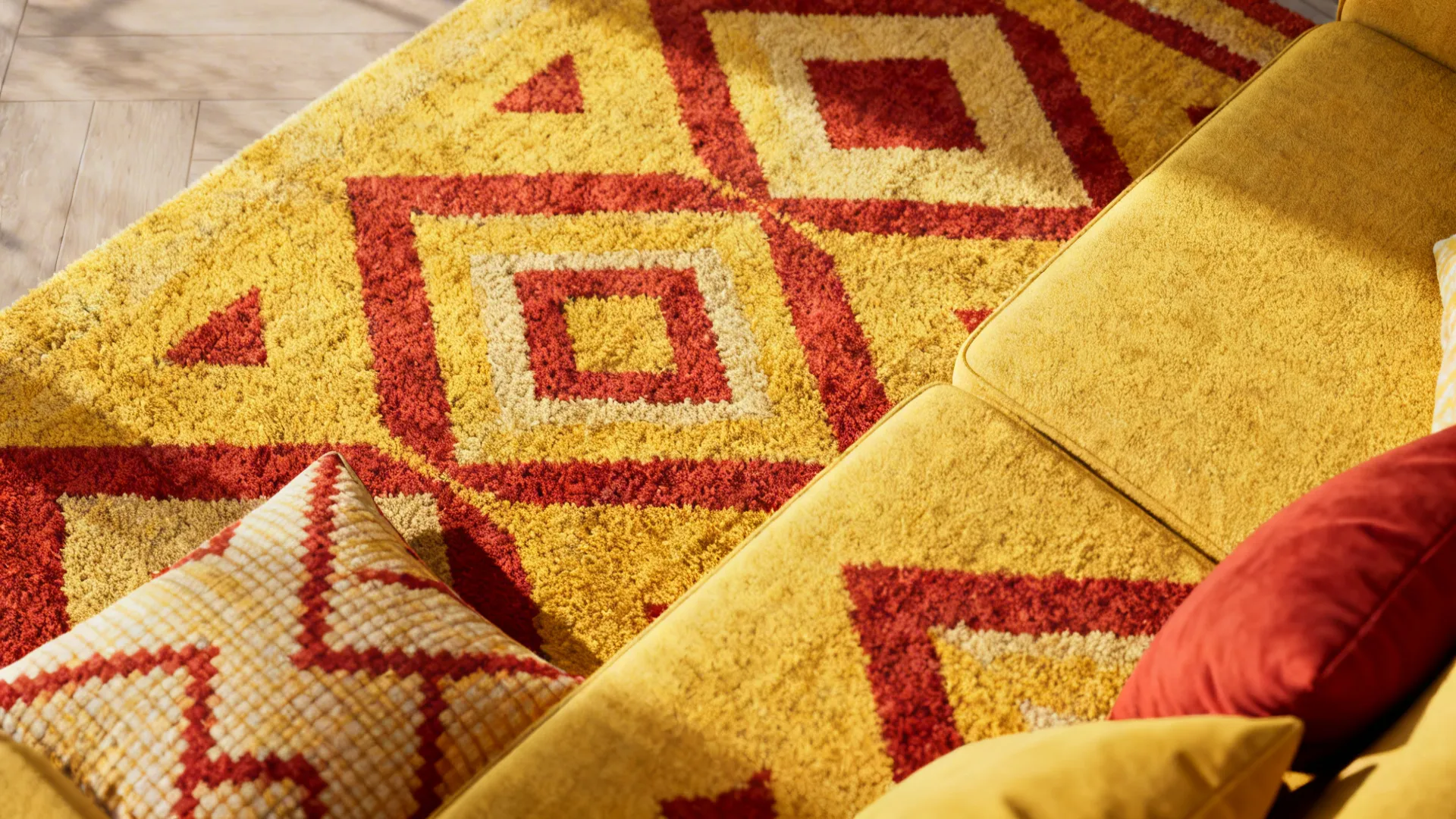 Top-down view of geometric yellow and red rug paired with patterned cushions.