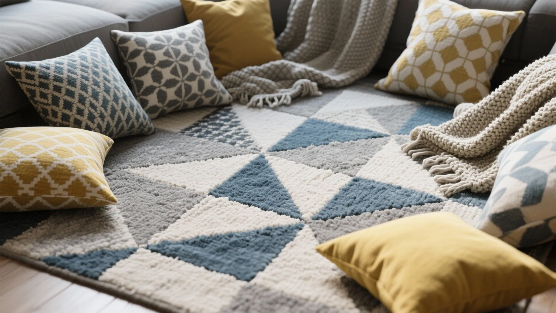 4. Pattern Play: Geometric Rugs and Mixed Textiles