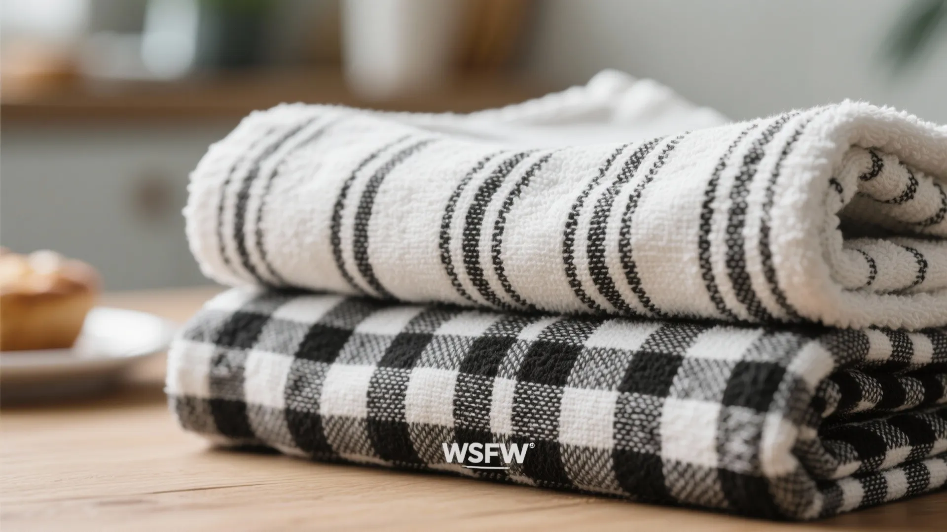 Folded white towels with black stripes and checkered patterns on a wooden table with bread