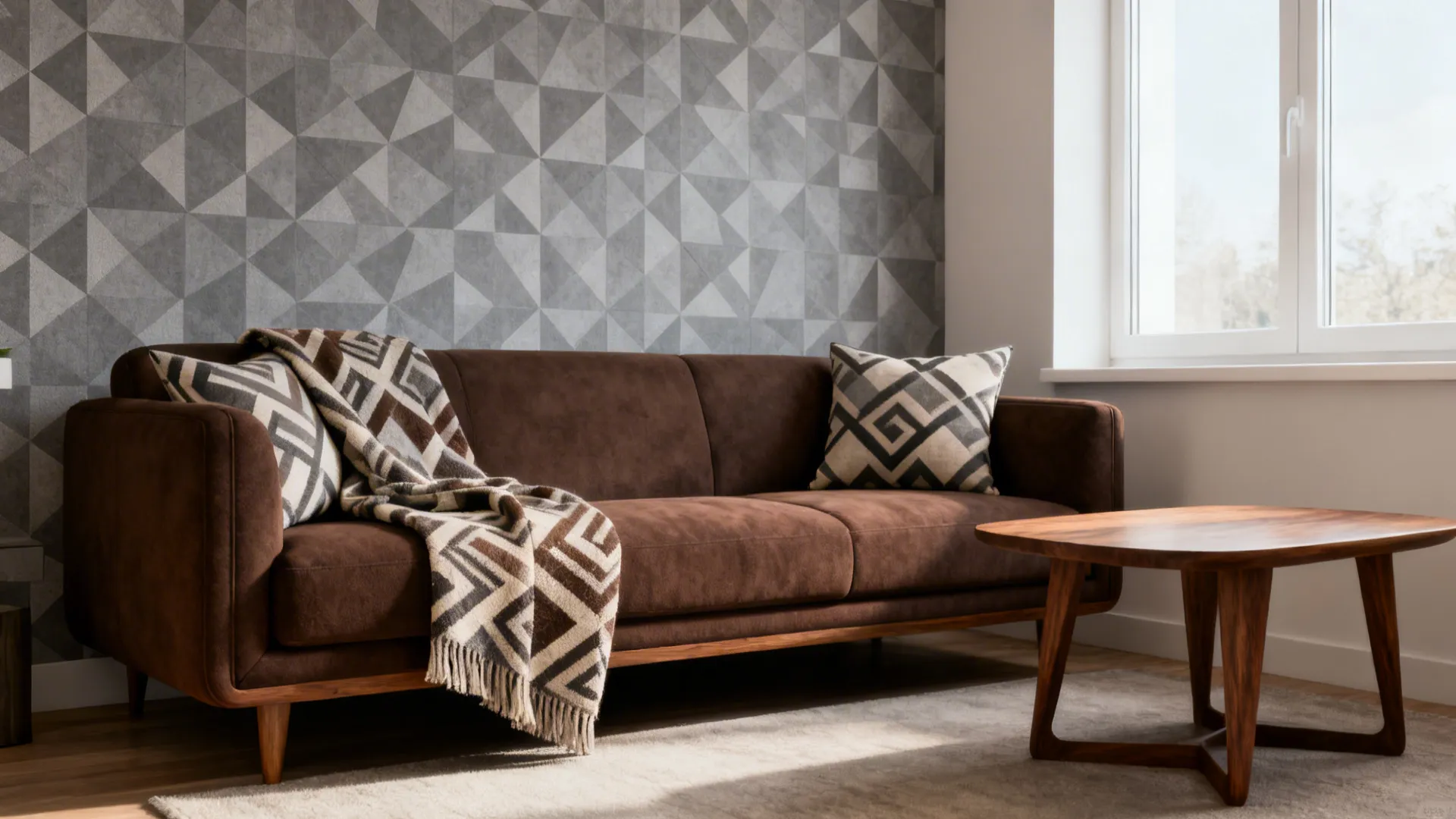 Compact living area with grey geometric wallpaper and chocolate sofa with matching cushions