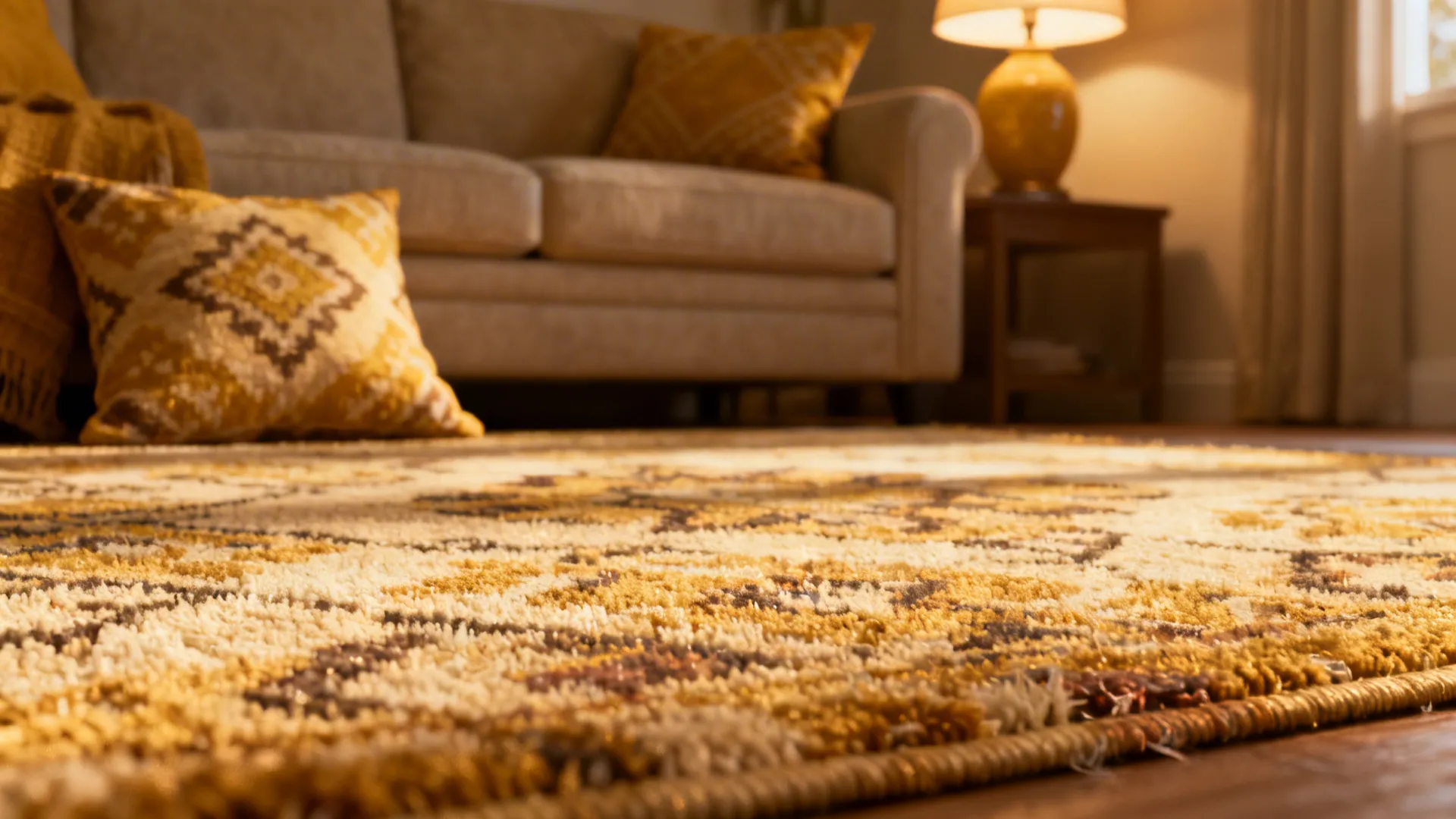 Close-up of a patterned rug with coordinating decor showing stain-hiding pattern and color tie-ins