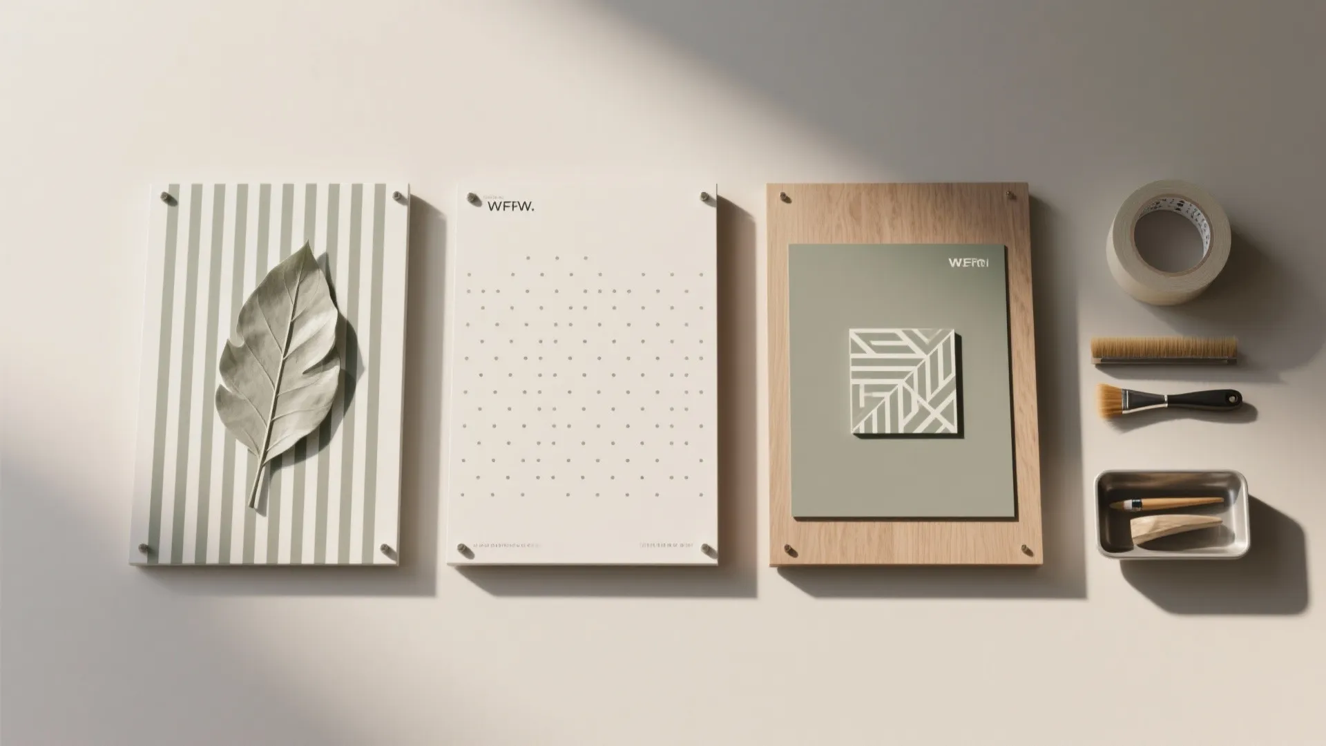 Interior design mood board with leaf art striped paper wooden frame brushes and masking tape tool