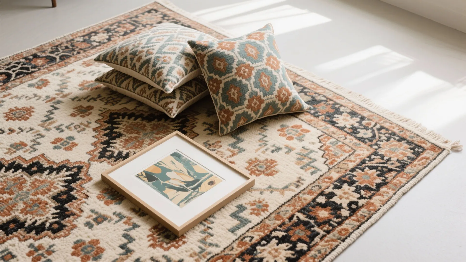 Patterned rug with three matching cushions and a framed art piece in a bright room