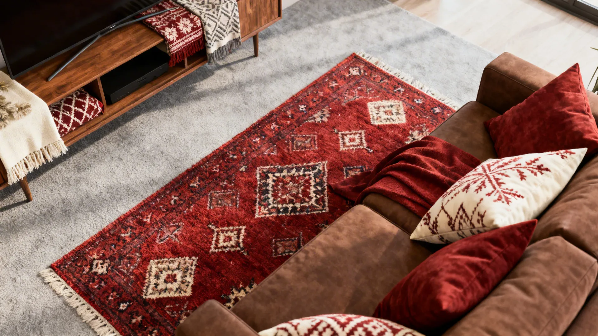 Patterned red rug and cushions on a brown sofa and wooden media unit, top-down view.