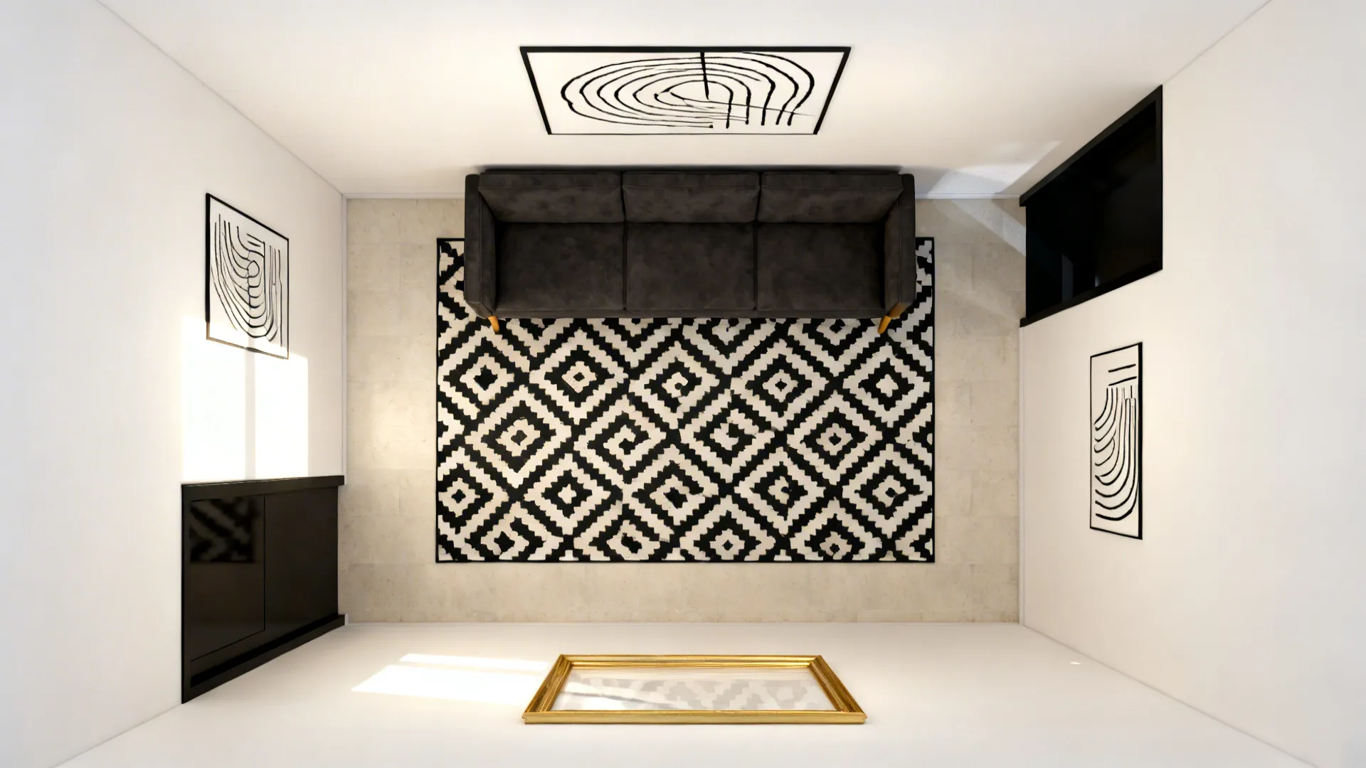 Top view of a living room featuring a dark sofa and a geometric pattern rug