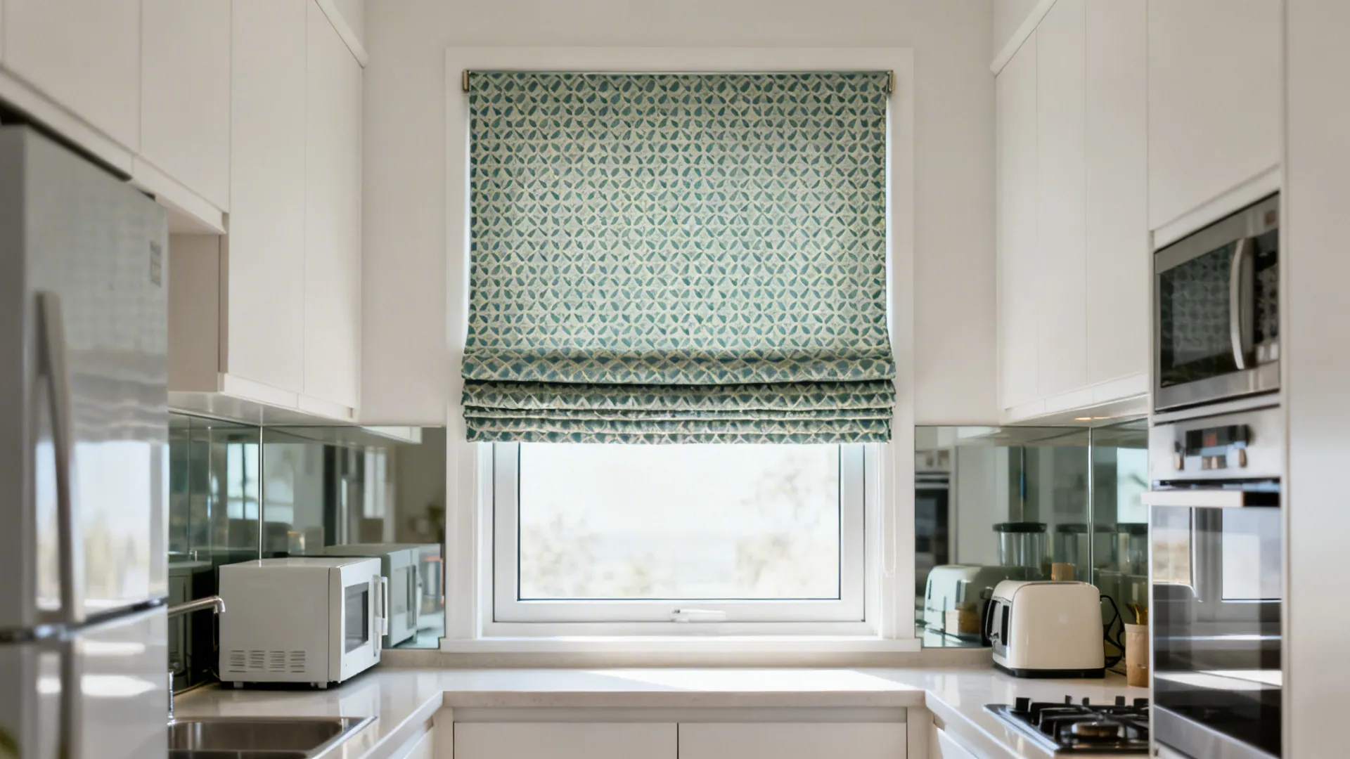 Compact kitchen window with a small-scale patterned Roman shade mounted above the frame.