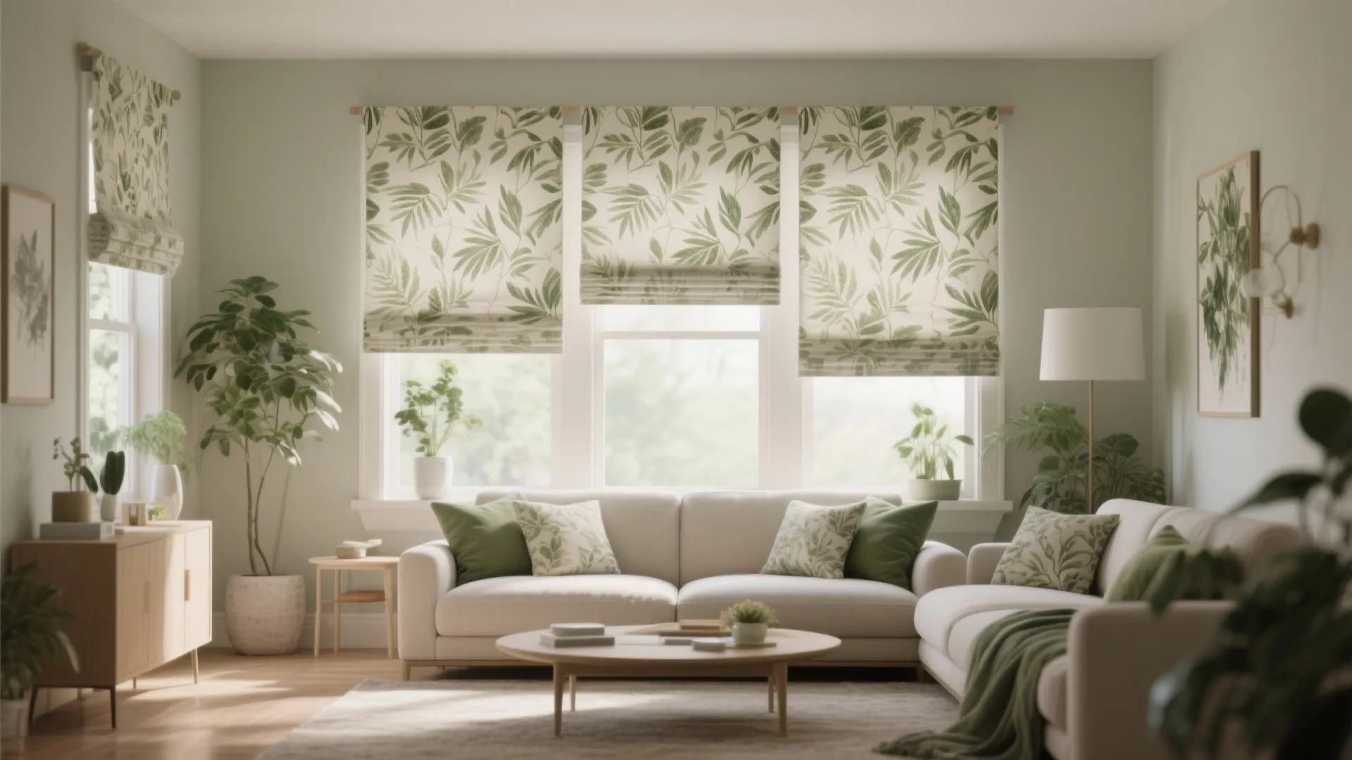 Living room with botanical-patterned Roman shades