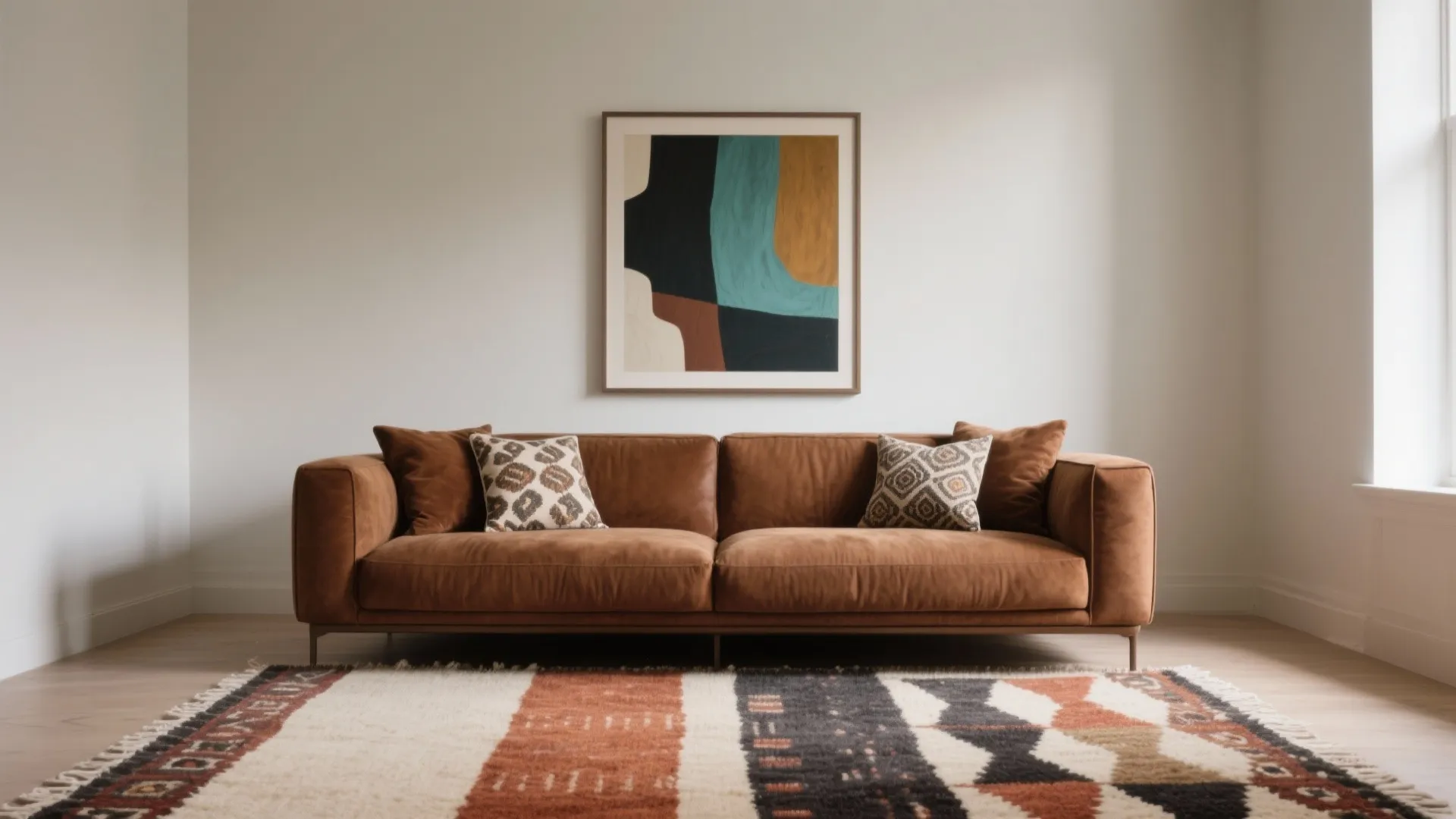 Simple living room with brown leather sofa abstract wall art patterned rug and soft natural light