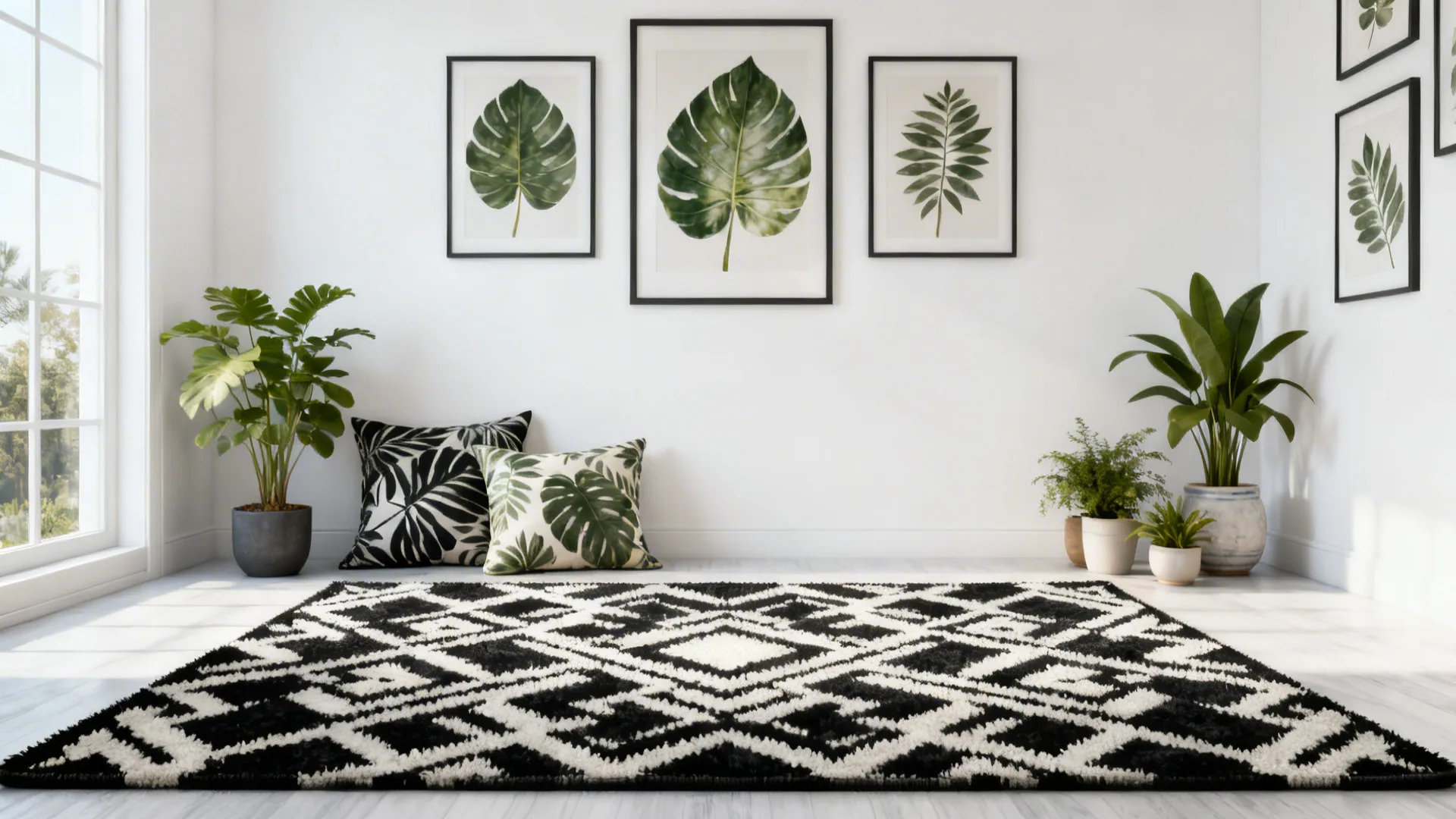 Seating area with black-and-white patterned rug and botanical cushions echoing nearby plants