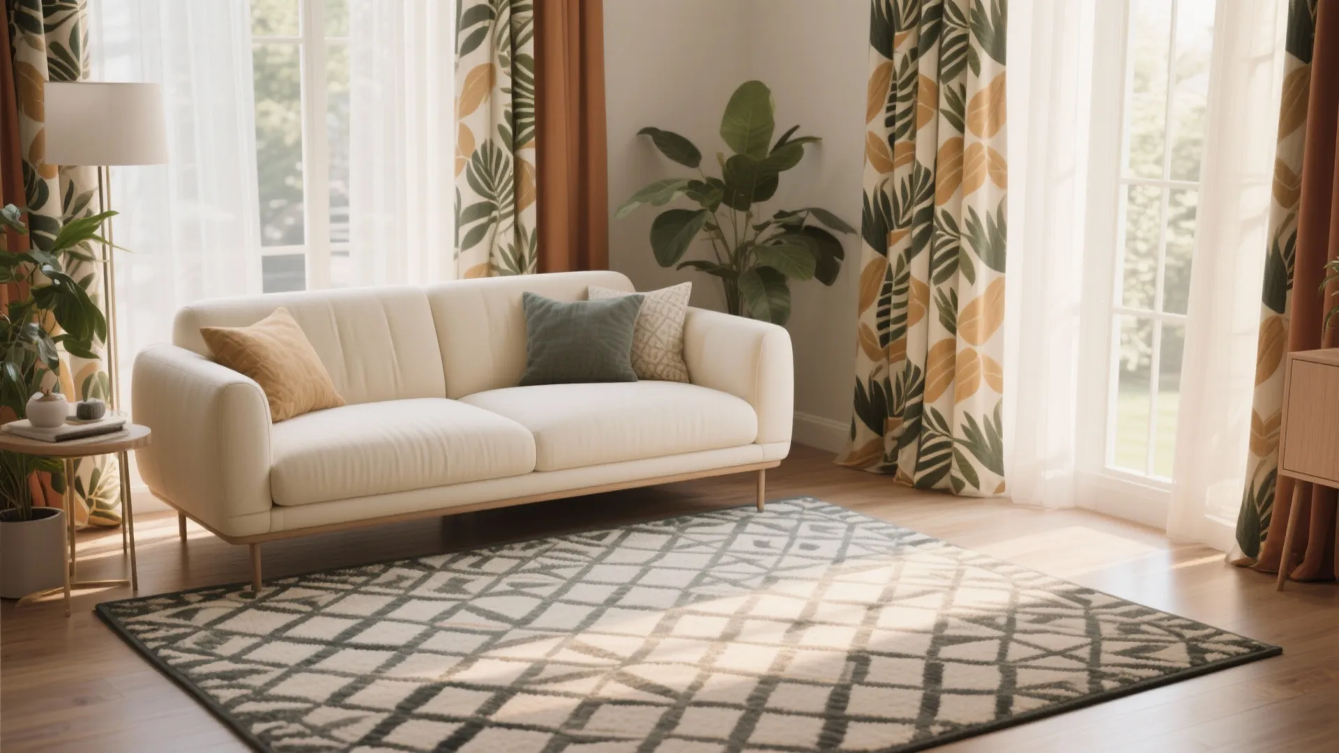 Bright living room with patterned curtains, geometric rug, white sofa, and indoor green plant decoration