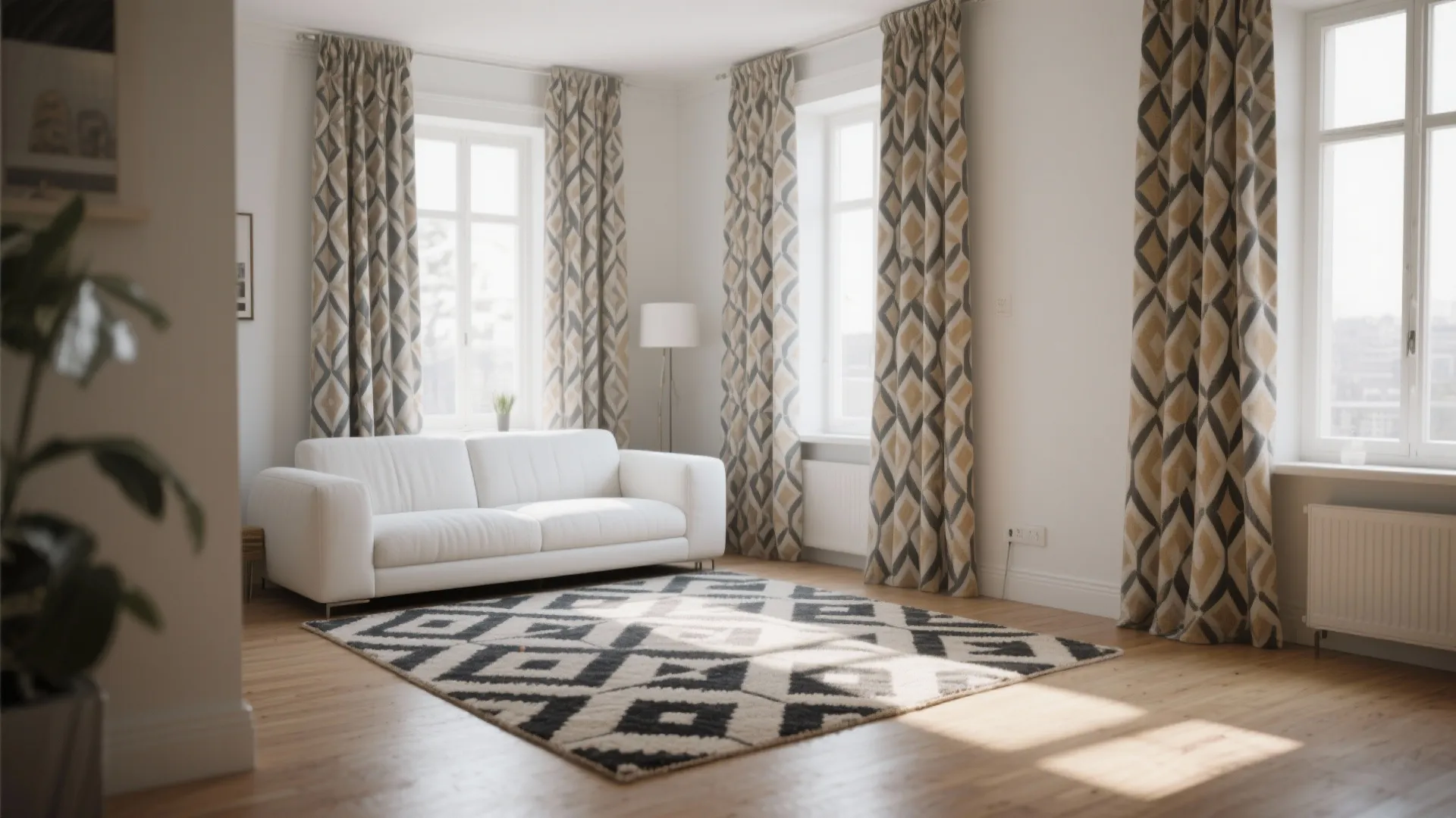 4. Pattern Play with Rugs and Curtains
