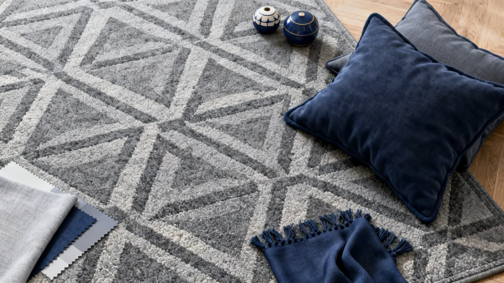 4. Pattern Play: Grey-Geometric Rugs with Navy Throw Pillows