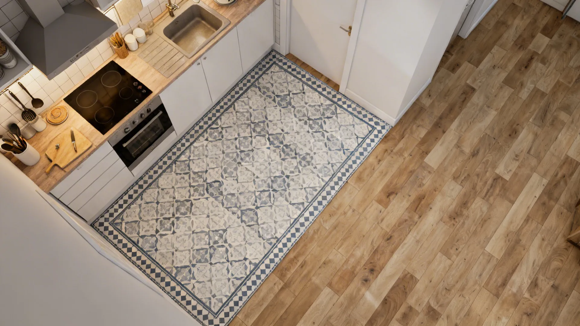 Angle view of kitchen with blue patterned rug on wood floor and black stove top