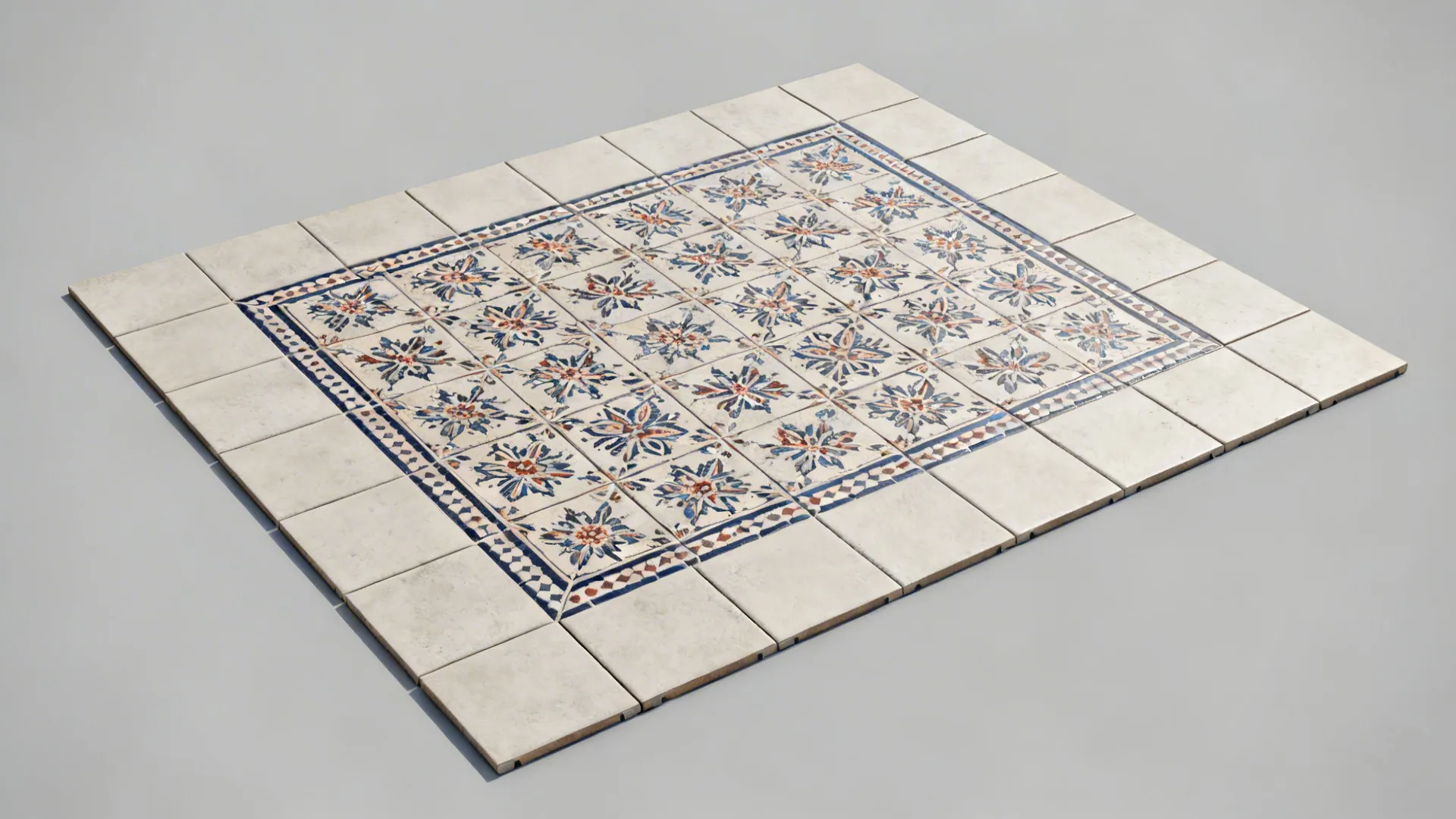 Top-down layout of a patterned floor rug framed by plain tiles.