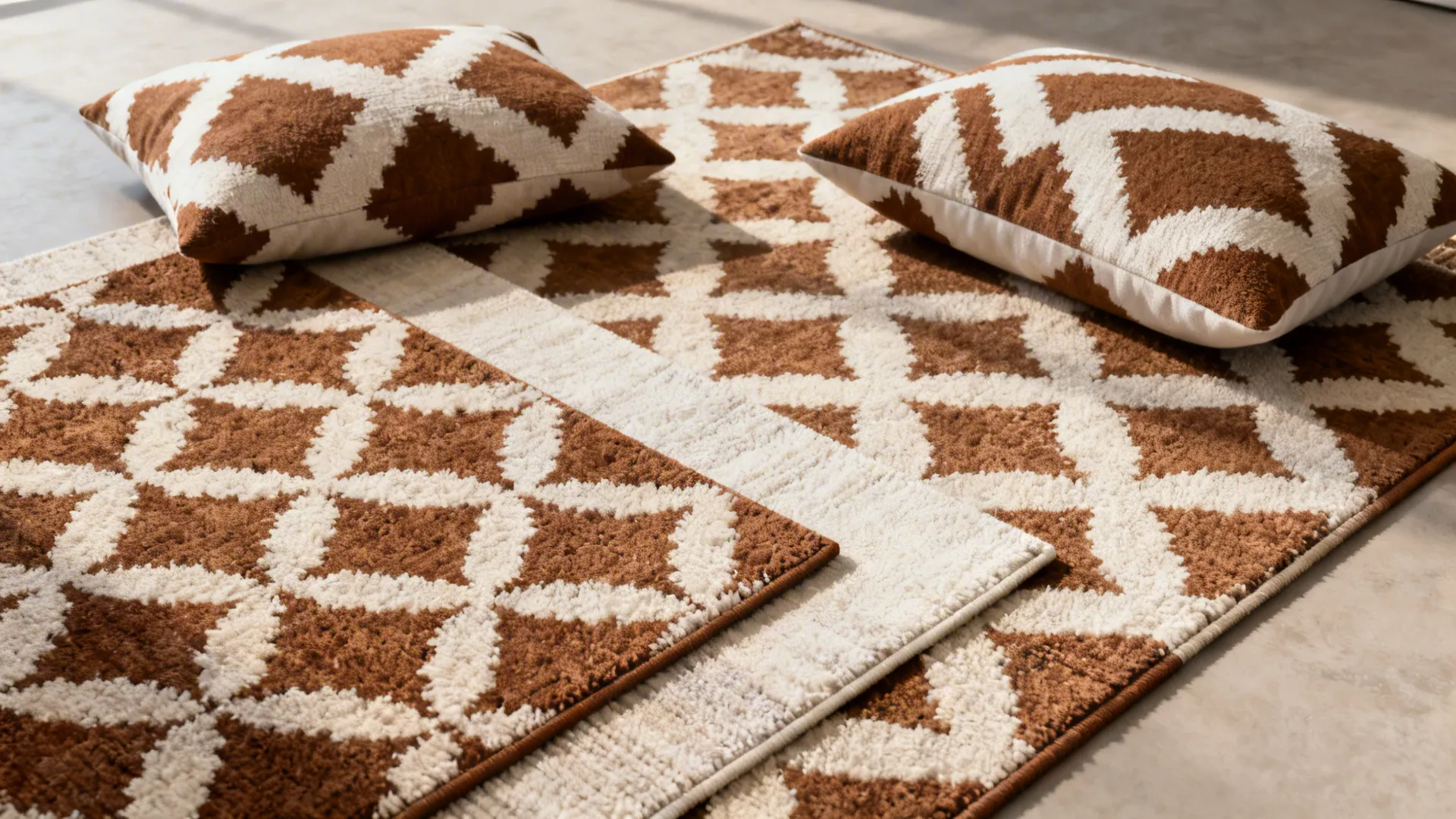 Flatlay of brown-and-white patterned rugs and throw pillows showing medium-scale geometric motifs
