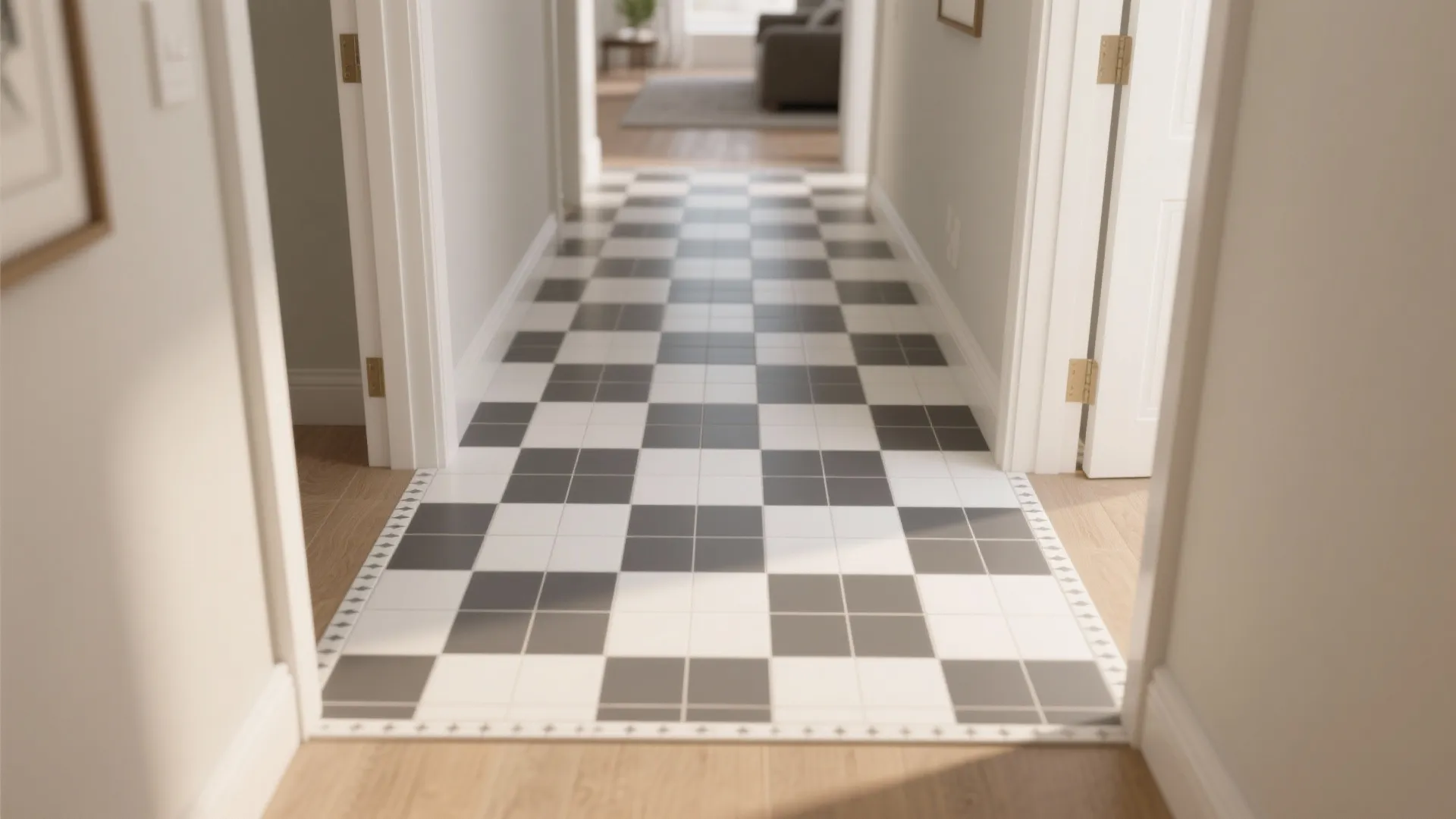 Modern hallway featuring a black and white checkered tile pattern surrounded by light wood flooring