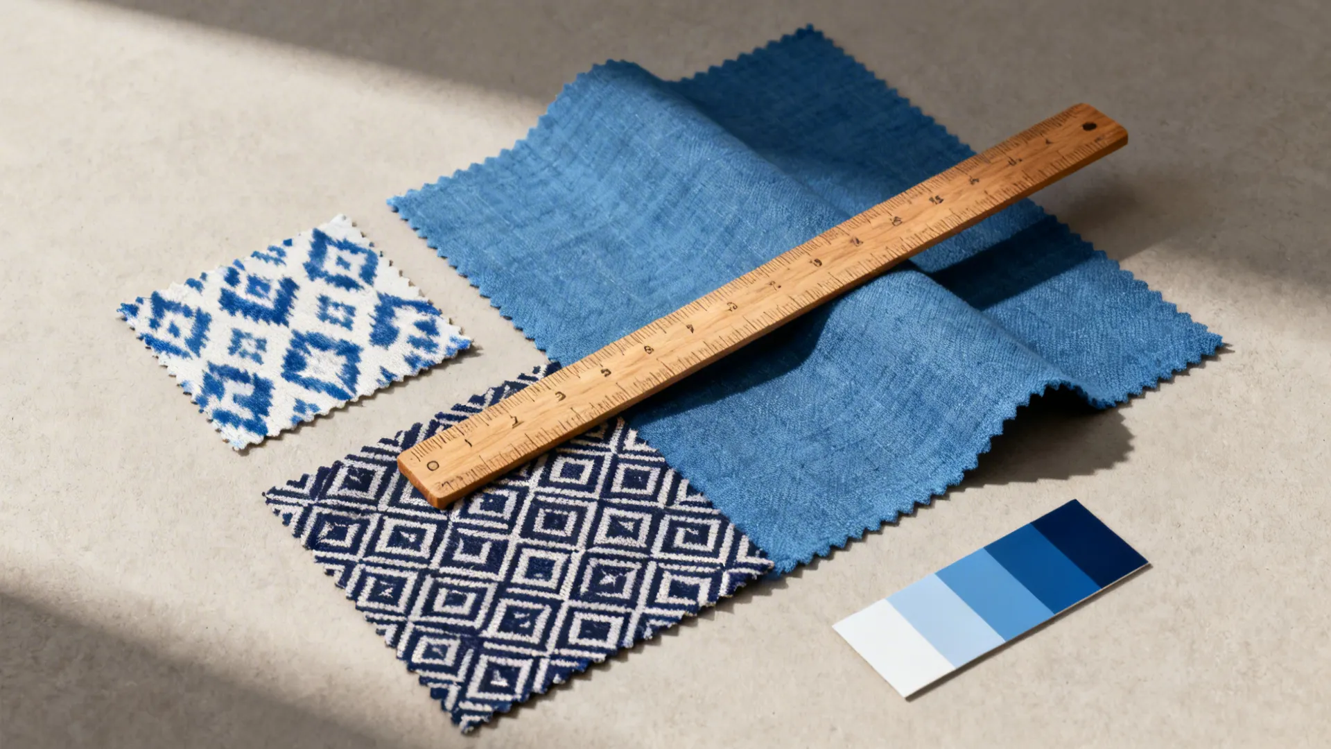 Flatlay of blue patterned fabric swatches and color chips for chair upholstery.