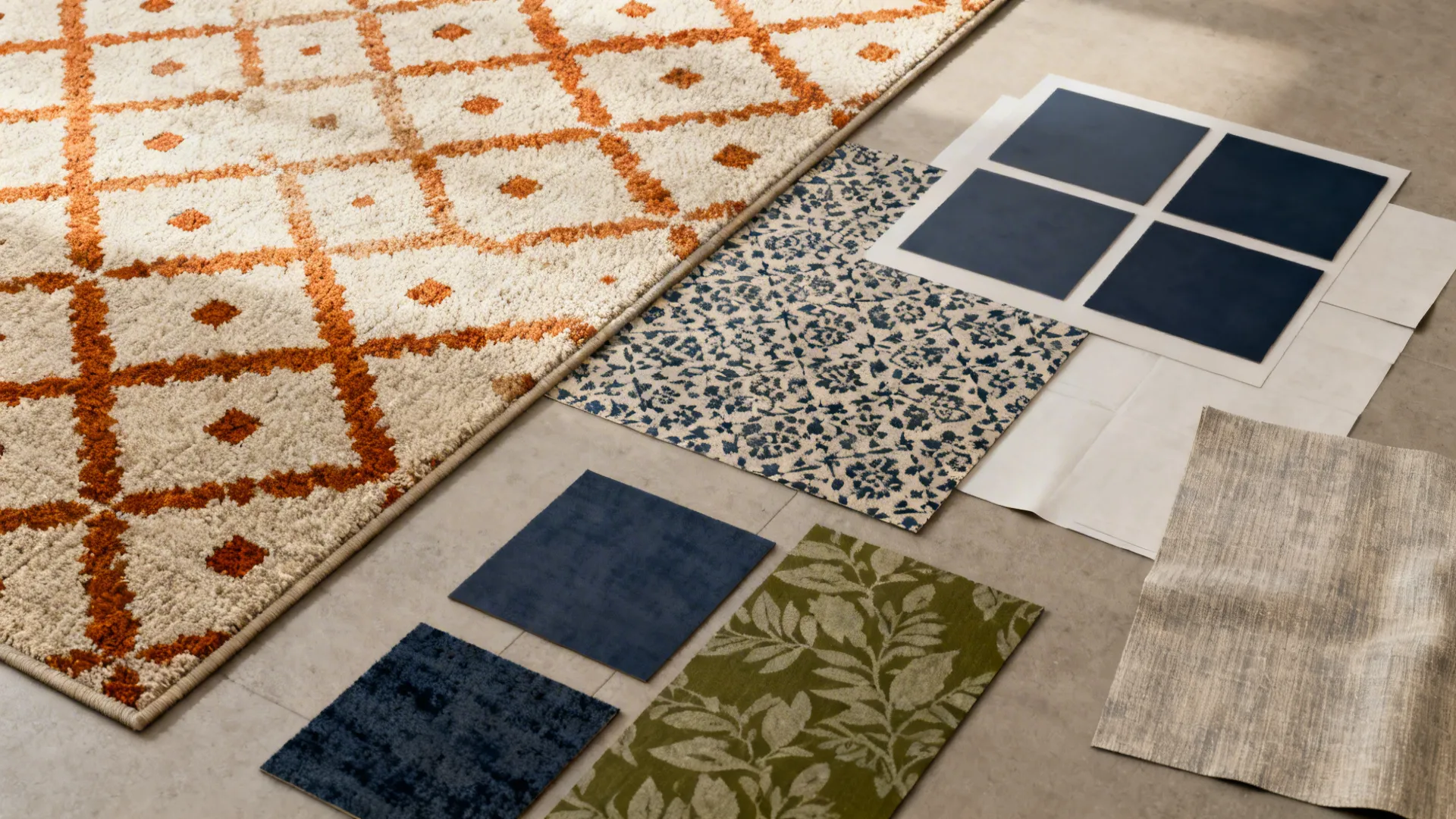 Top-down flatlay of rug and wallpaper samples with burnt orange accents and complementary swatches.