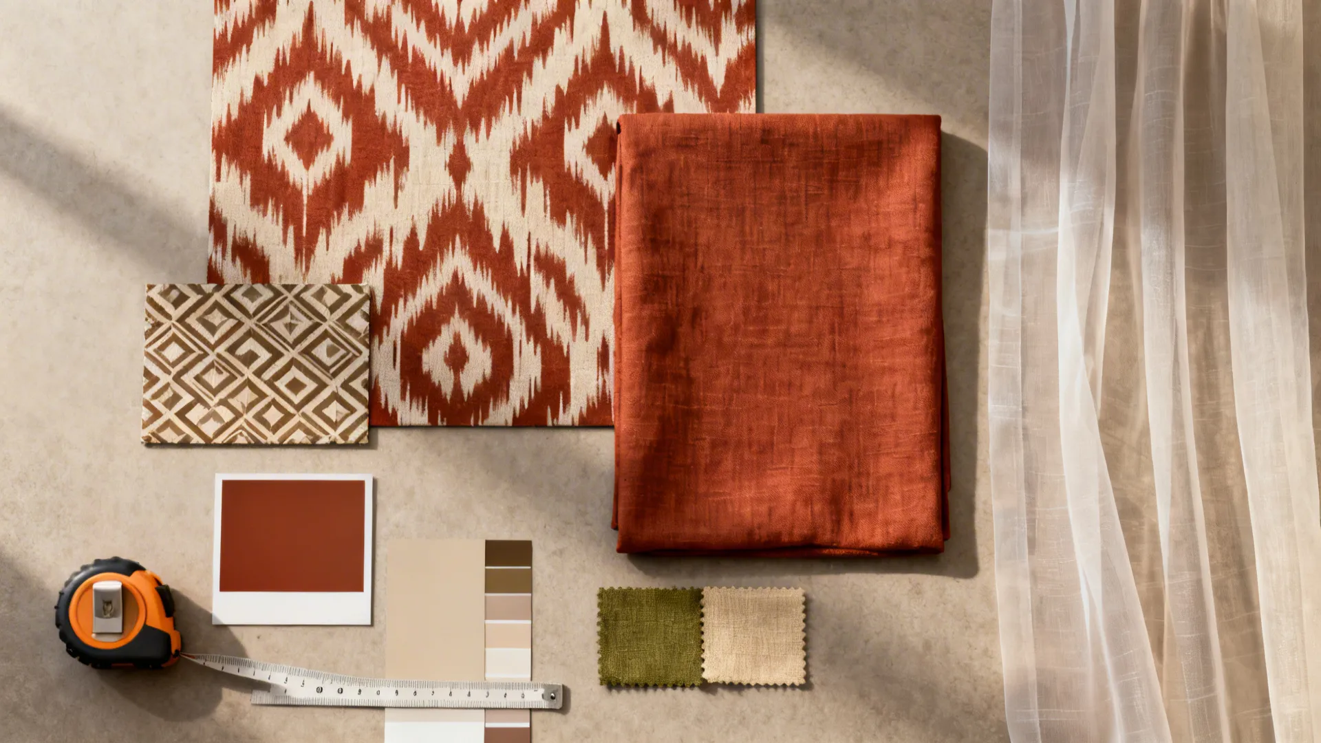 Flatlay of rust-patterned and solid fabric swatches with color chips and tape measure.