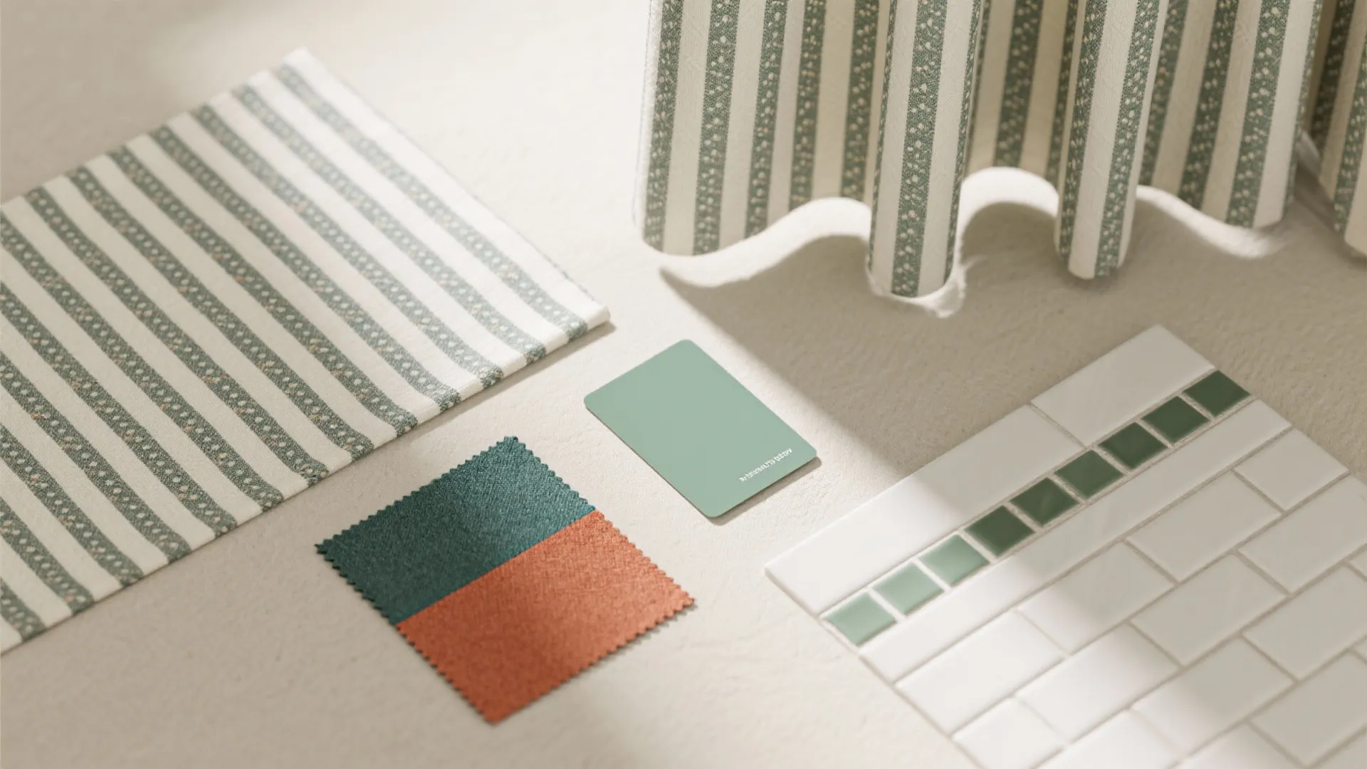 Interior design material board showing striped fabric samples green color card and white wall tiles
