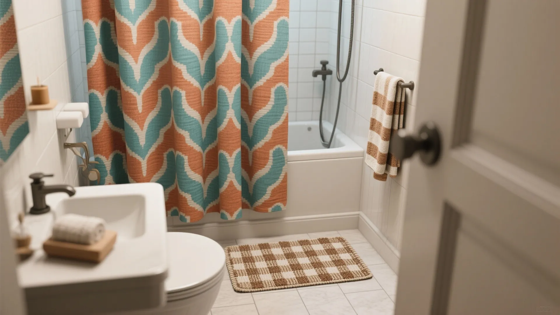 Bright bathroom interior showing colorful patterned curtain white sink toilet and checkered floor rug design ideas