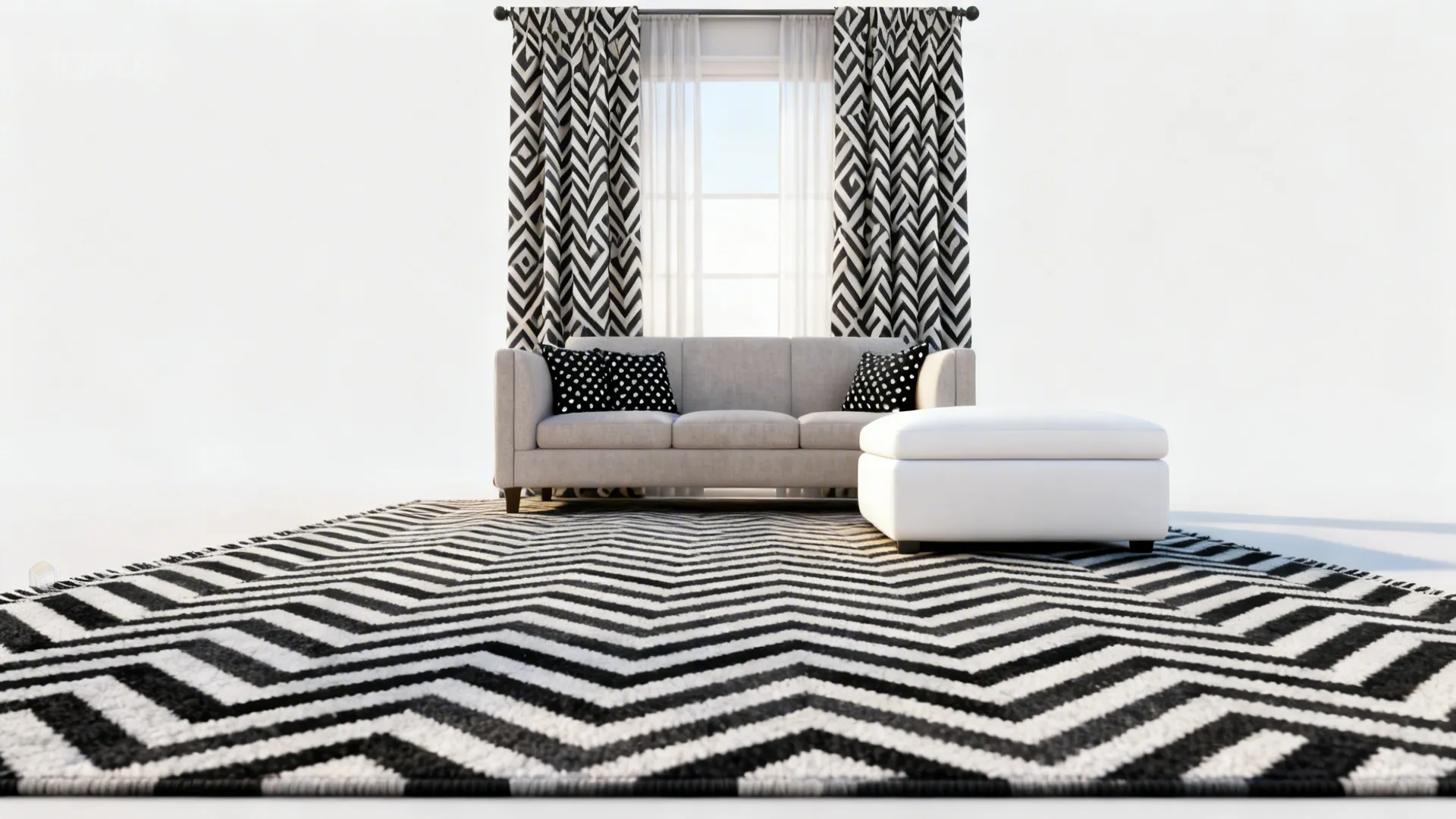 Living room with grey sofa white footrest patterned rug and curtains showing bold chevron designs