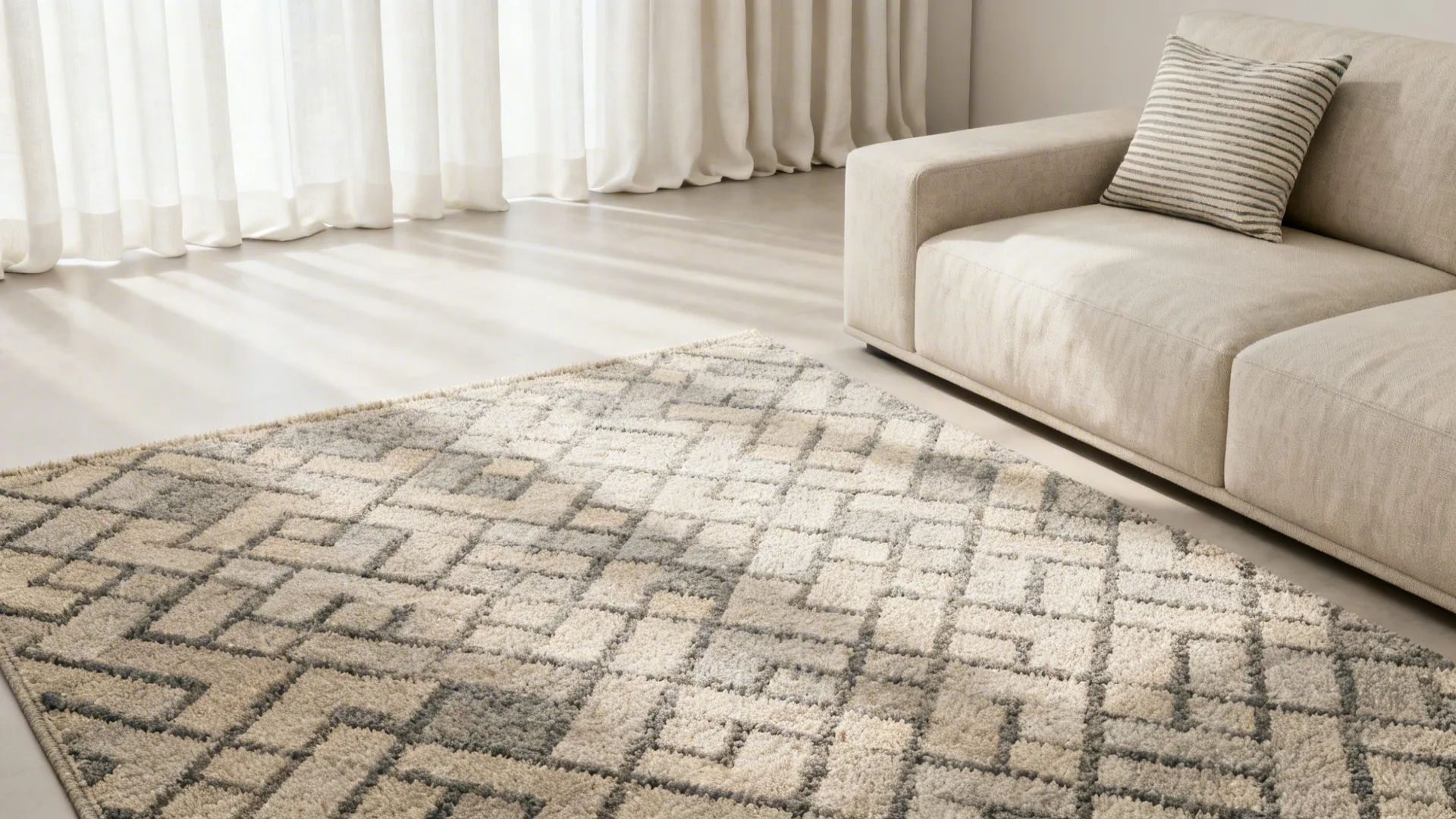 Small-scale geometric rug paired with solid floor-to-ceiling curtains to balance pattern and height.