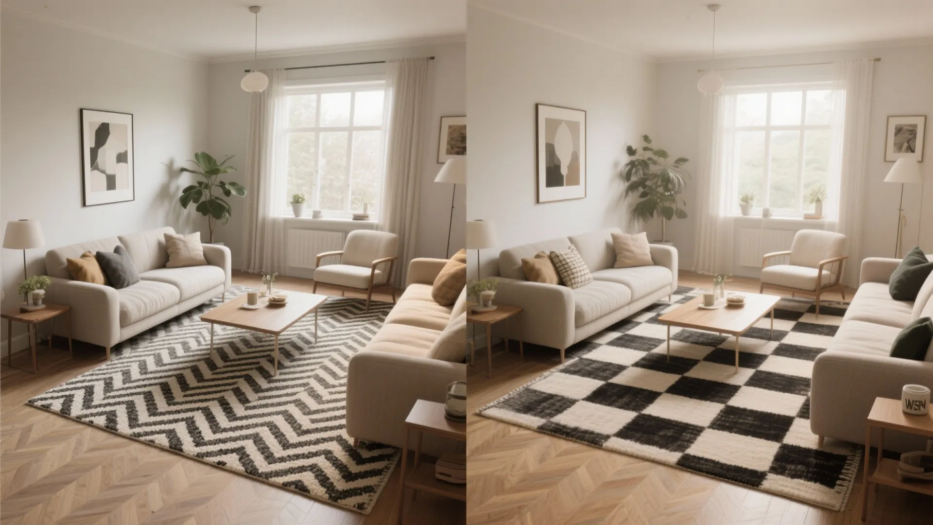 Side by side comparison of chevron and checkered rugs in a neutral modern living room