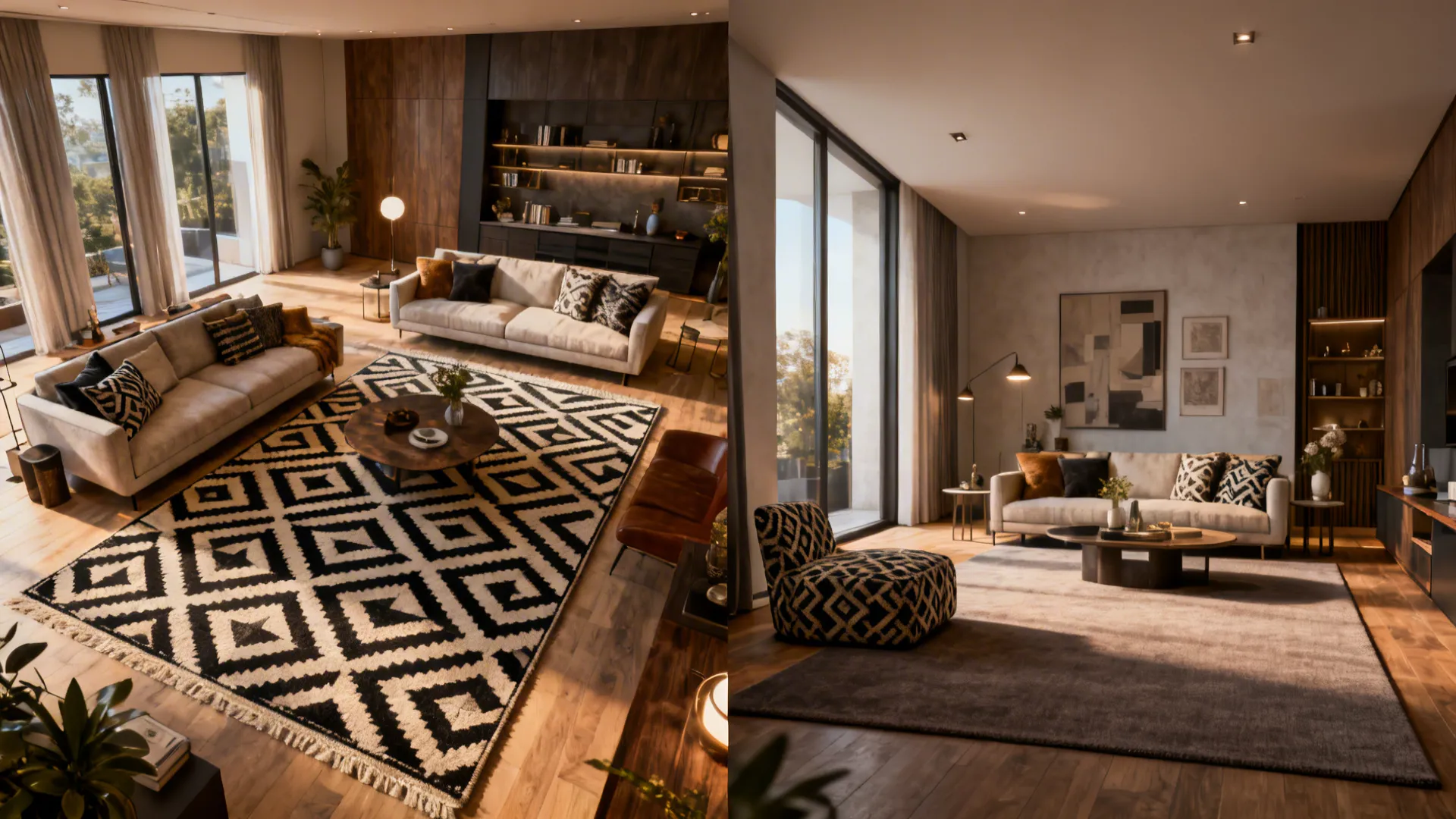 Split view comparing large geometric rug in big room and subtle rug in small room for scale reference.