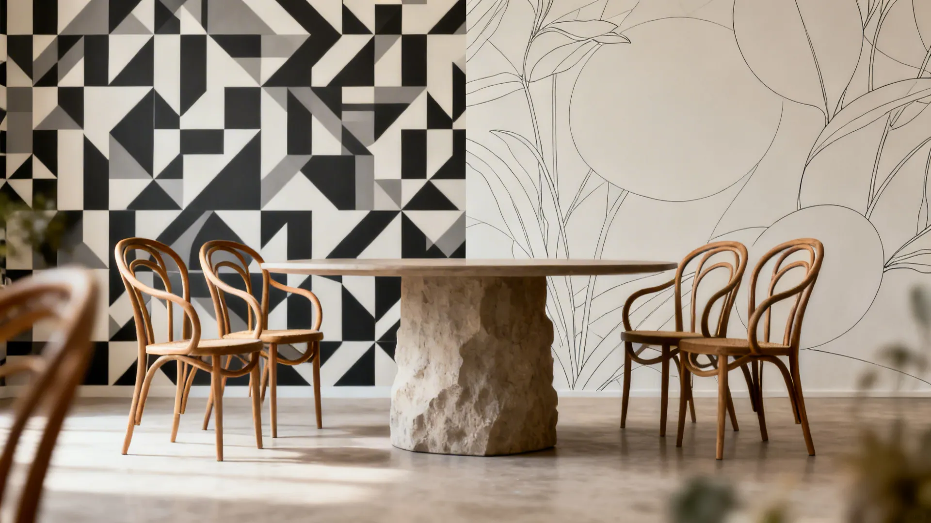 Before-after showing mid-scale geometric clash versus delicate line wallpaper with same furniture.