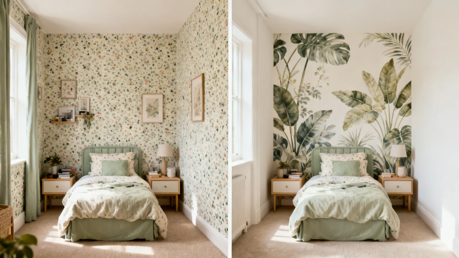 Before-and-after of a small room with tiny print versus large open botanical wallpaper.